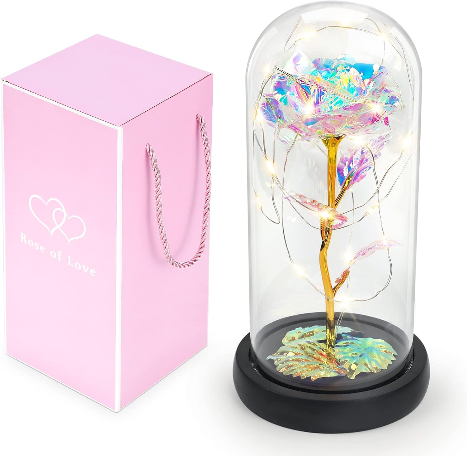 Mothers Day Flowers Gifts for Mom, Roses Gift for Mom, Unique Love Mother Gift Flower Rose Gift Led Light String on Colorful Flower in Glass Dome Unique Love Gift for Mom, Birthday Gifts for Women