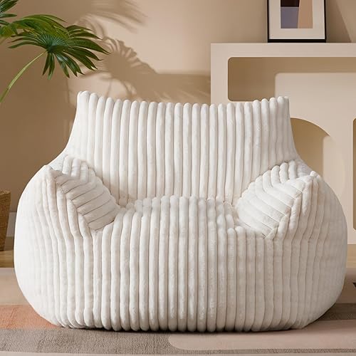 Giant Plush Bean Bag Chair for Adults with Armrests - Oversized Comfy Beige Beanbag Lounge Lazy Floor Sofa Accent Chair for Living Room, Bedroom & Dorm, Cozy Fluffy Single Cloud Mini Couch - XL Sofa Chair - Beige