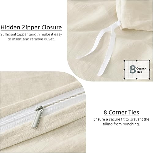 Miniatura 10 de EWlinens Funda de edredón 100% lino tamaño King, 3 piezas de lino natural con lazos en las esquinas y cierre de cremallera, juego de ropa de cama