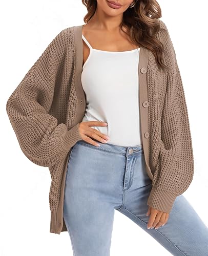 QUALFORT Cardigan Sweaters for Women 100% Cotton Button-Down Oversized Knit Outerwear Fall Tops for Women 2025 - Camel - X-Large
