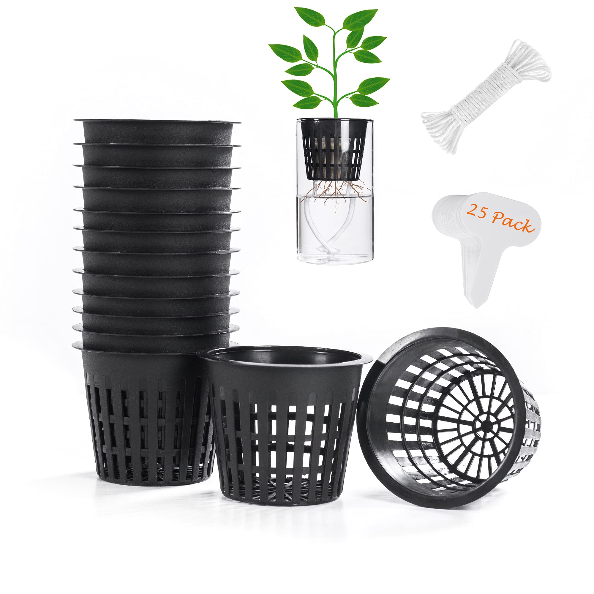 ORIMERC 25 Pack 3 inch Net Cup Pot with 30 feet Hydroponic Self Watering Wick & 25 Pcs Plant Label Aquaponics Mason Jar Insert Orchid Rimmed Netted Baskets Slotted Mesh Garden kratky Growing Vegetable