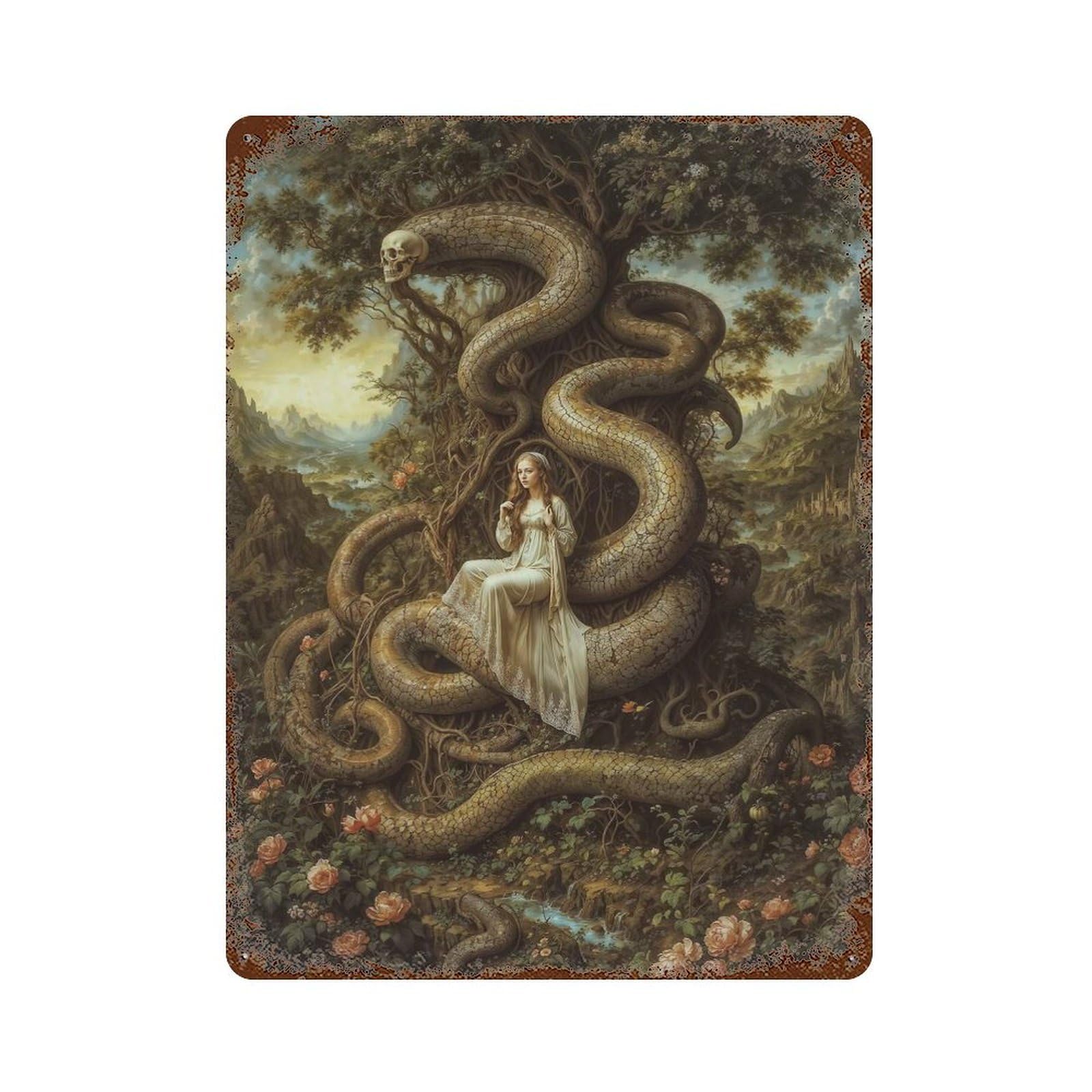Eve And Serpent Distressed Metal Wall Sign 15.7"x11.8", Industrial Home Decor for Garage, Pub Or Kitchen