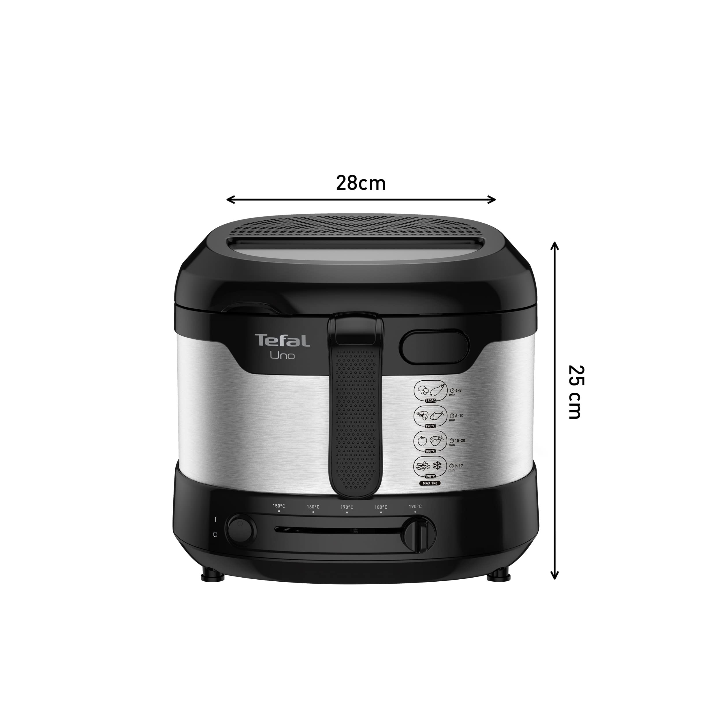 Tefal Uno M Fritteuse, 1470 Watt, Kapazität: 1 kg, Einstellbares Thermostat, Sichtfenster, Abtropfposition, Edelstahl, schwarz, Medium, FF215D