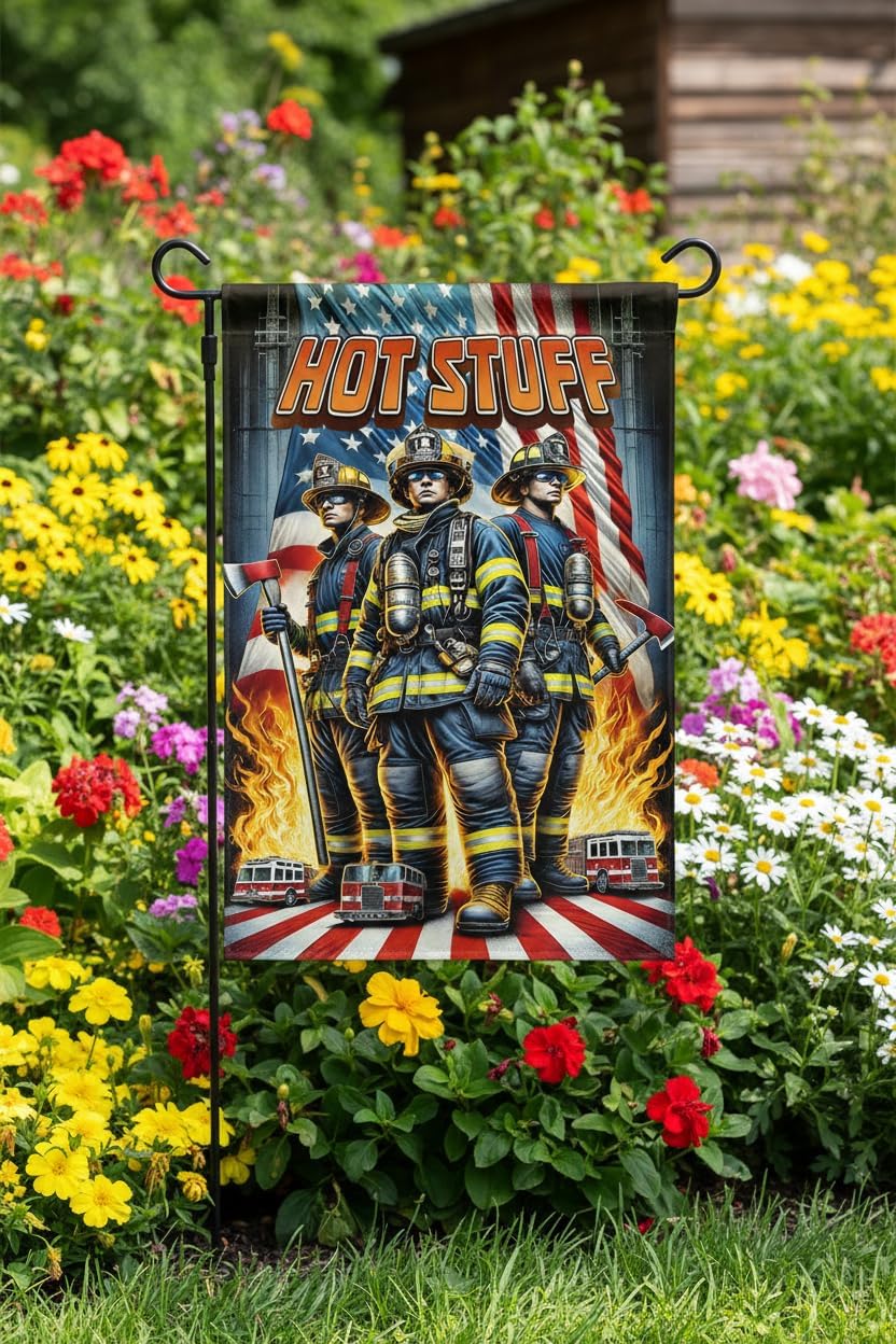 American Firefighter Garden Flag 12x18 In Doublesided Hot Stuff Rescue Scene Patriotic Outdoor Banner, Fire Prevention Week, Memorial Day & First Responders Appreciation Gift - Image 3