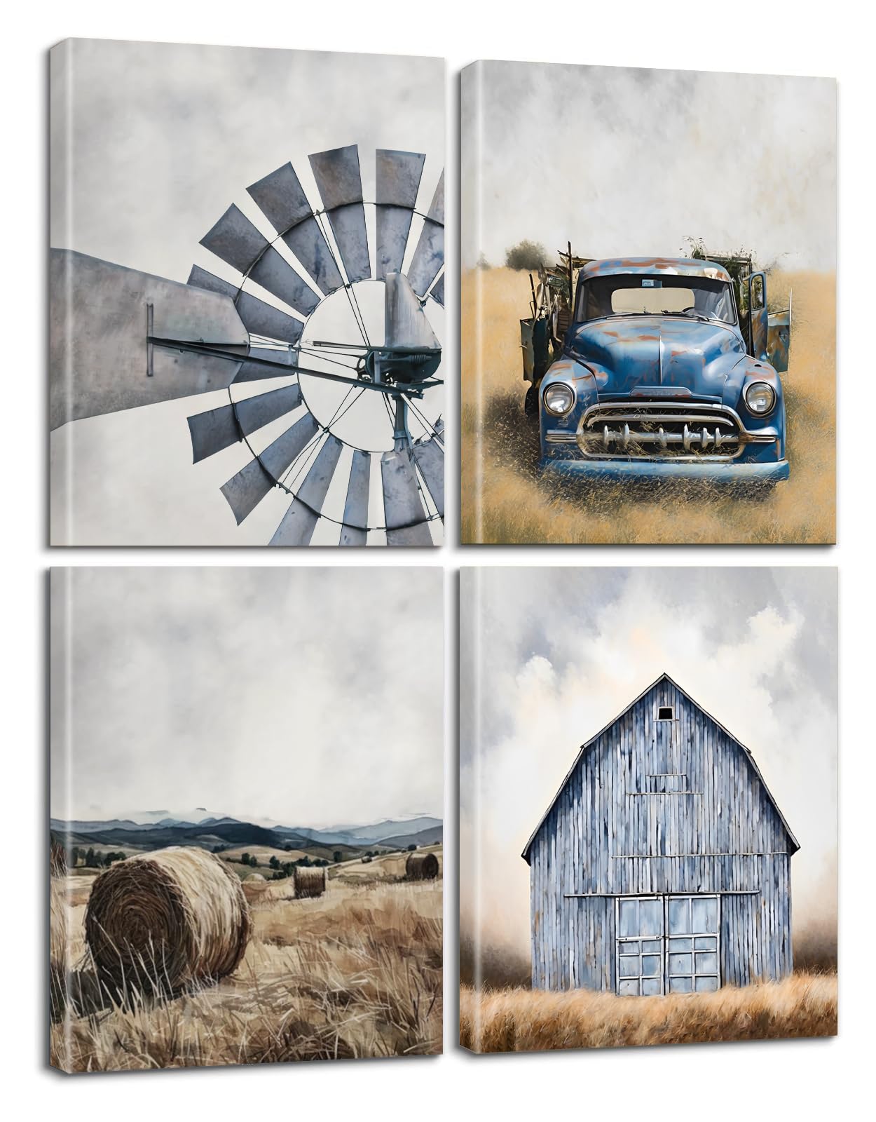 4 Set Framed Rustic Farmhouse Wall Art, Vintage Windmill, Classic Blue Truck, Hay Bale Field, Blue Barn Canvas Prints, Western Country Home Decor 8x10 Inch