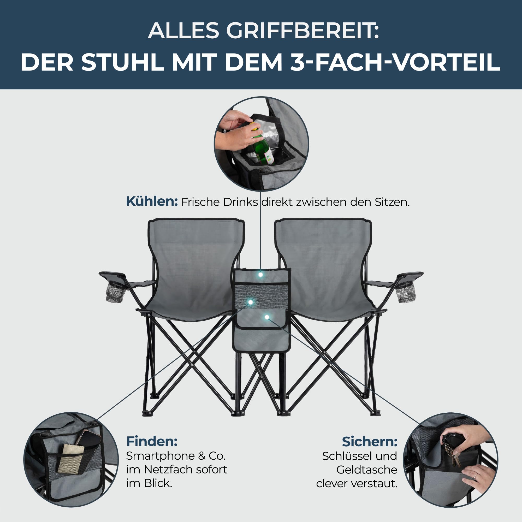 Stagecaptain Silla de Camping Doble CS-1485, Bolsillo Exterior Espacioso | Silla de camping doble de tela Oxford 600D, Perfecta para camping, festivales, picnics y excursiones, Dimensiones, 5 cm, 0 kg