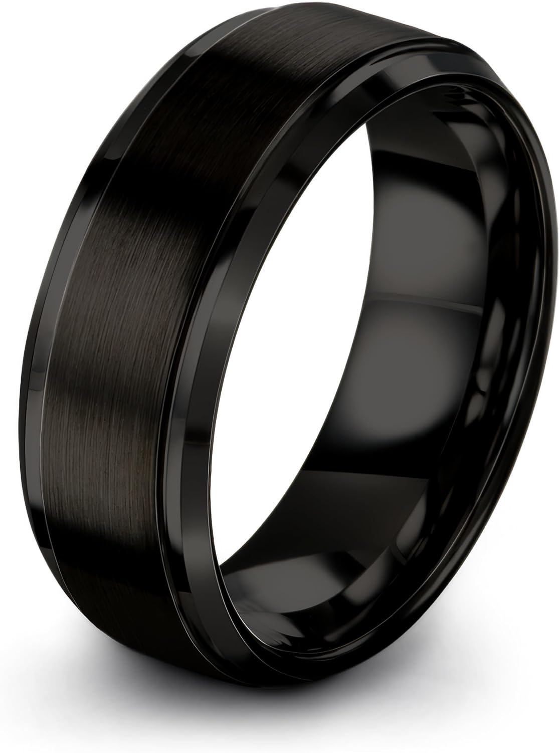 Tungsten Wedding Band Ring 8mm Men Women Comfort Fit Black Grey Step Bevel Edge Brushed Polished