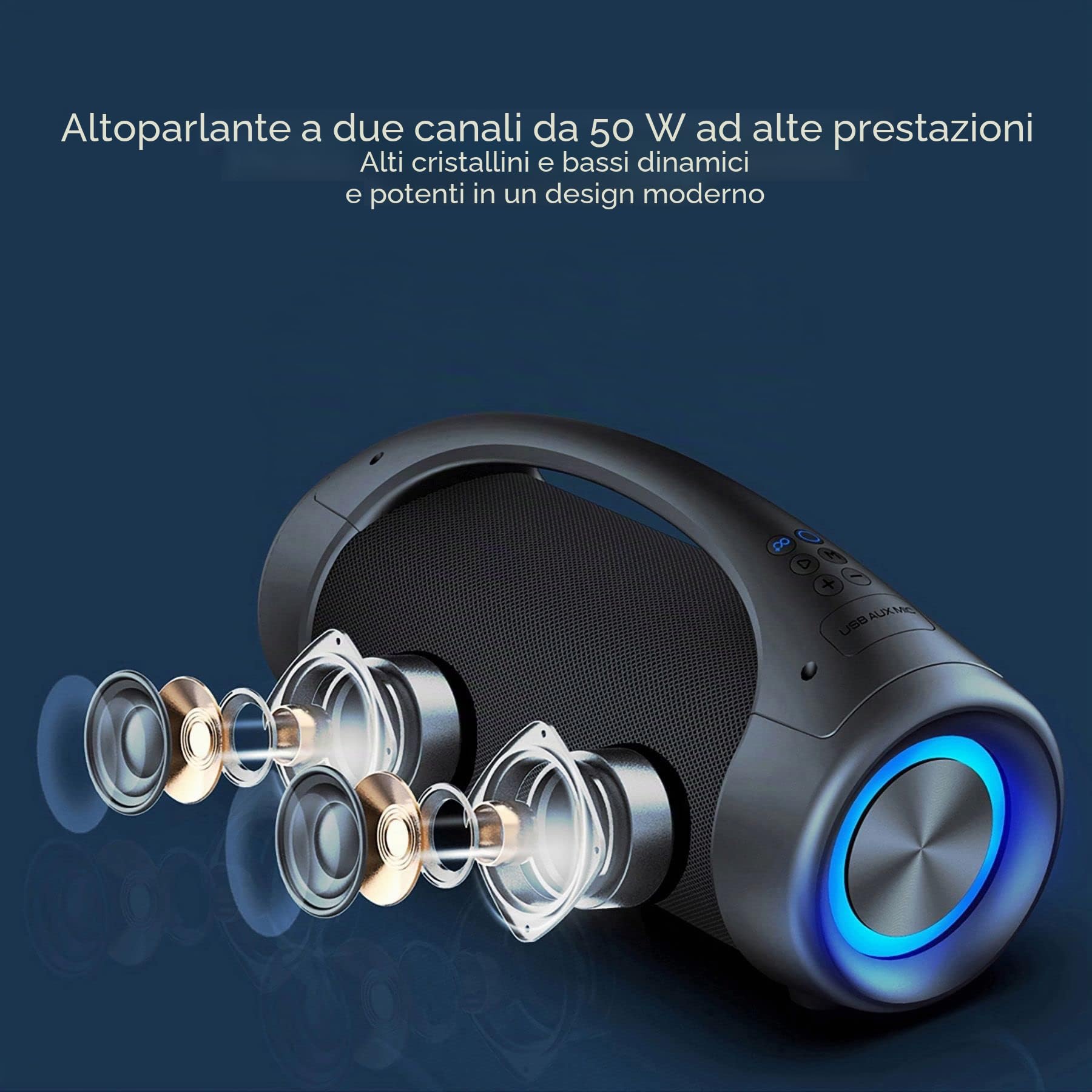 Akai Boombox Soundblaster Ghettoblaster Bluetooth altoparlante impermeabile IPX5, 50 W Bluetooth Box portatile senza fili Stereo Sound, LED Show, A2DP Bluetooth 5.0 Speaker per interni ed esterni e
