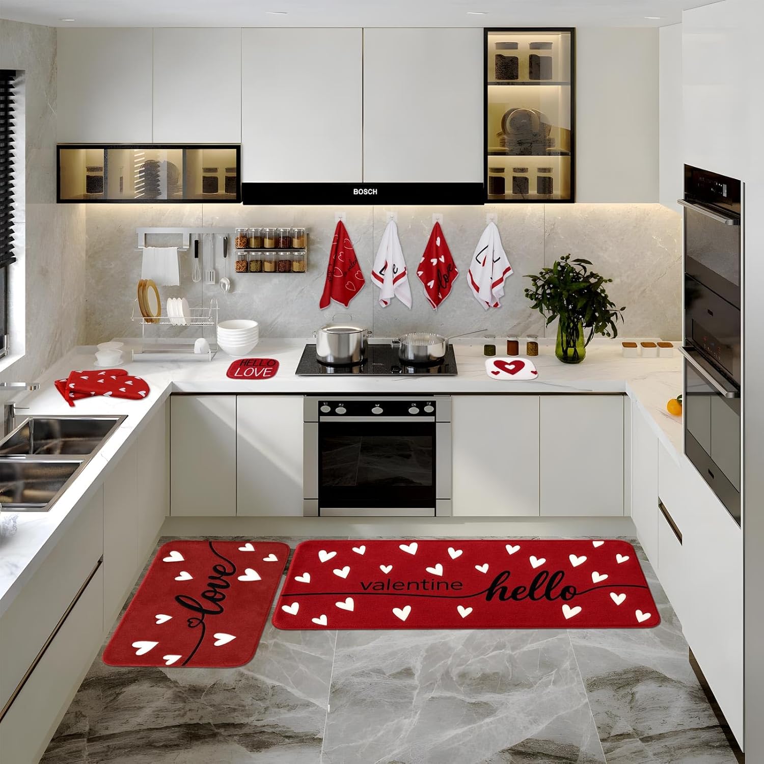 Tieshankao 10Pcs Valentines Day Kitchen Decor Set Towels Pot Holders Oven Mitts Mats for Home Baking Gifts