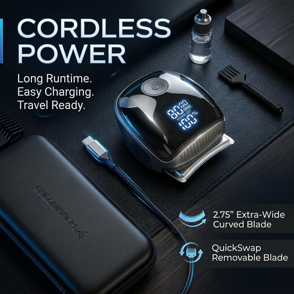 HUMMINGBIRD MK19 QuickCut Pro Cordless Hair Clipper Kit for Men, Self-Haircut Trimmer, Waterproof Electric Razor for Head, Beard and Body, LED Display, 7 Guide Comb Sizes, USB-C Charging, Storage Case