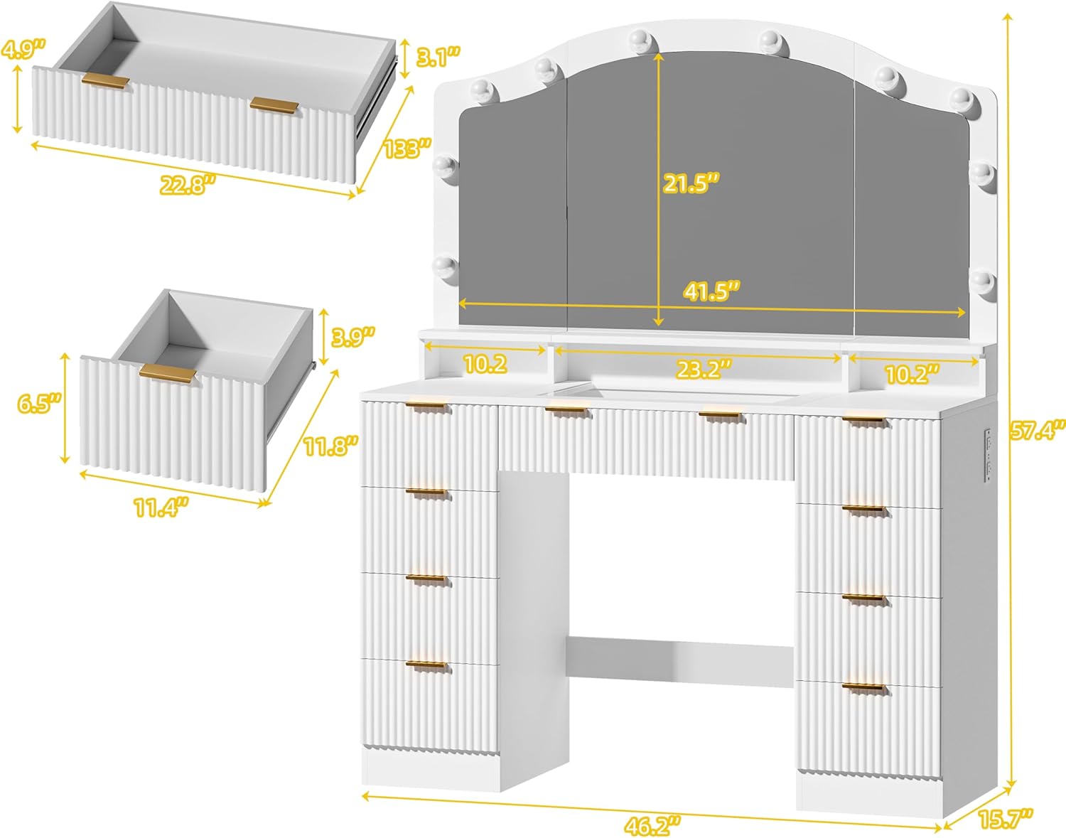 Diagram showing the dimensions of the HUAHUU Fluted Vanity and its components, including drawers and mirror.