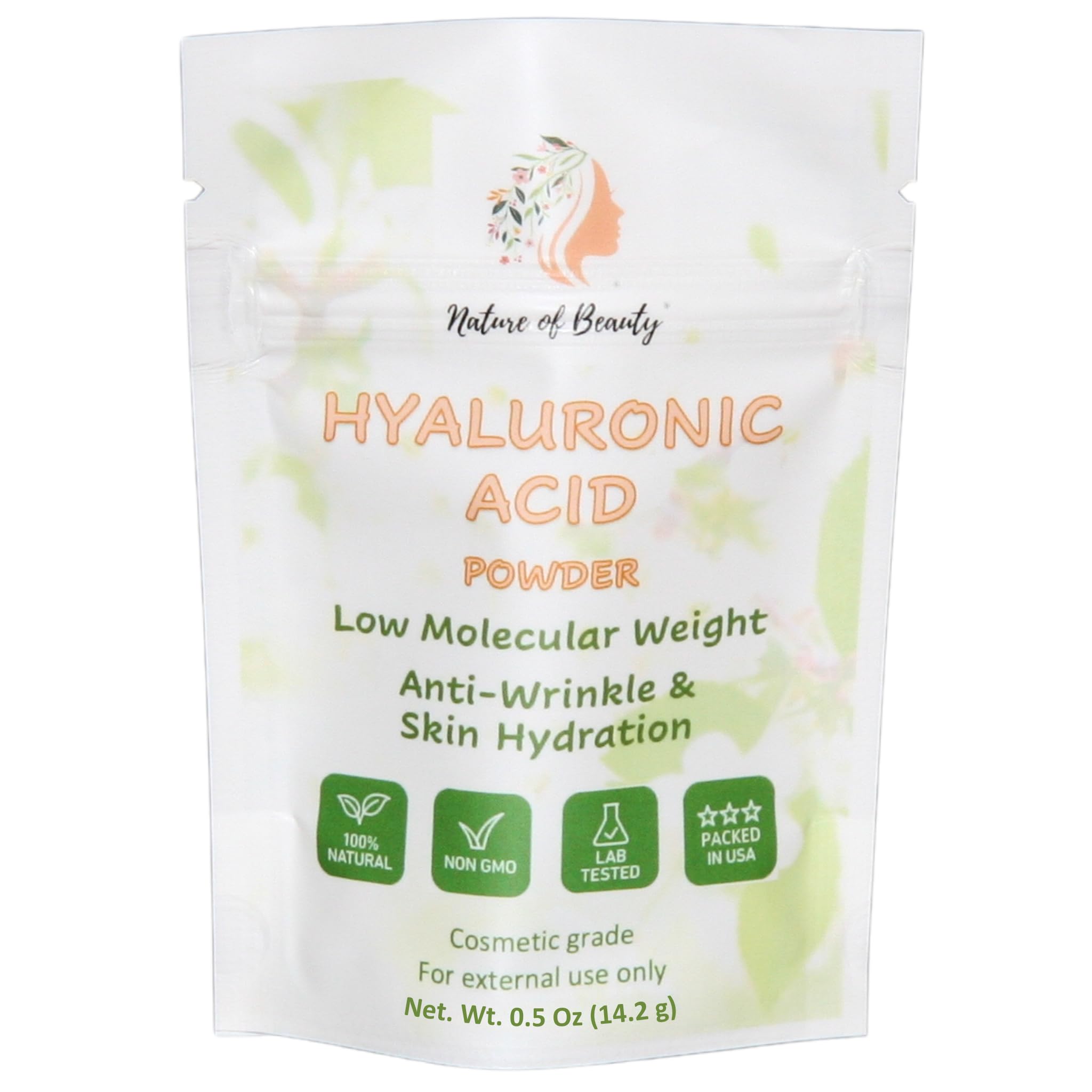 Hyaluronic Acid Powder, Low Molecular Weight (LMW) Anti-Wrinkle Hyaluronic Powder, For Face Serum Or Lotion, 100% Natural, USA Made, 0.5 Oz (14.2g)