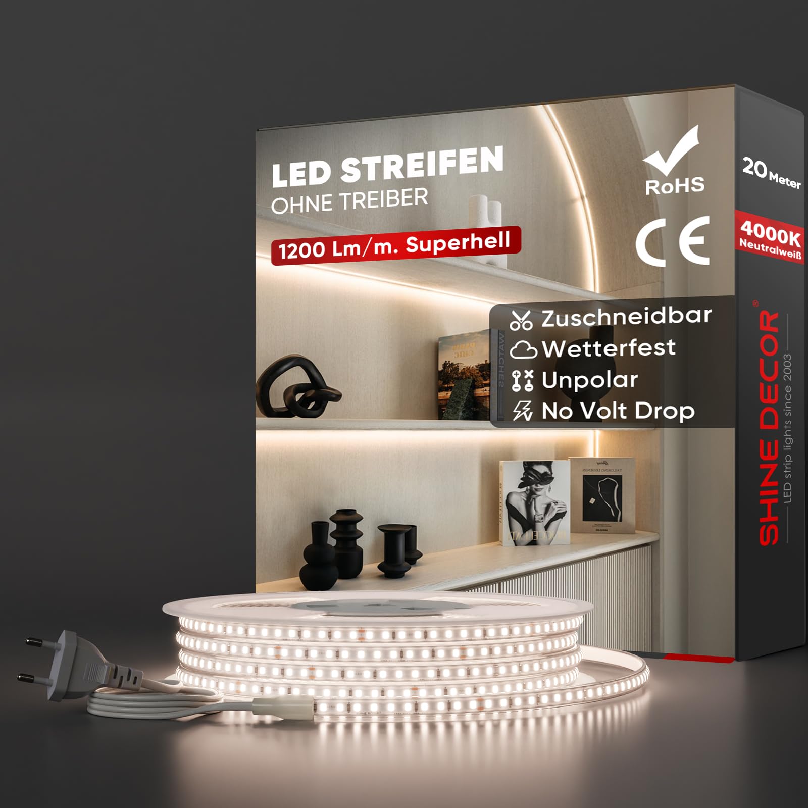 Shine Decor LED Streifen, AC 220V 230V IP65 Wasserdicht LED Band, SMD 2835 120 leds/m Ultrahohe Helligkeit Lichtleiste für Home Decoration Küche Garten LED Beleuchtung