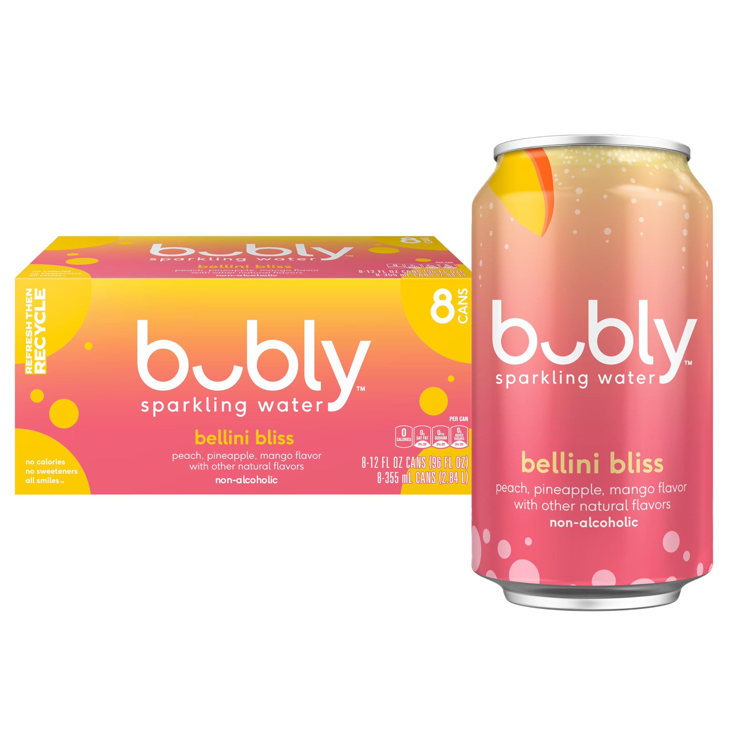 Sparkling Water, Bellini Bliss, Zero Sugar & Zero Calories, 12 fl oz Cans, (Pack of 8)