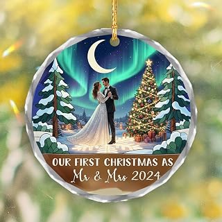 Moon Sky Personalized Wedding Ornament | Round Glass First Christmas Married Ornament 2025, 3.07 Inches | Wedding Gifts for Couples, 1st Xmas Newlyweds Presents Just Married