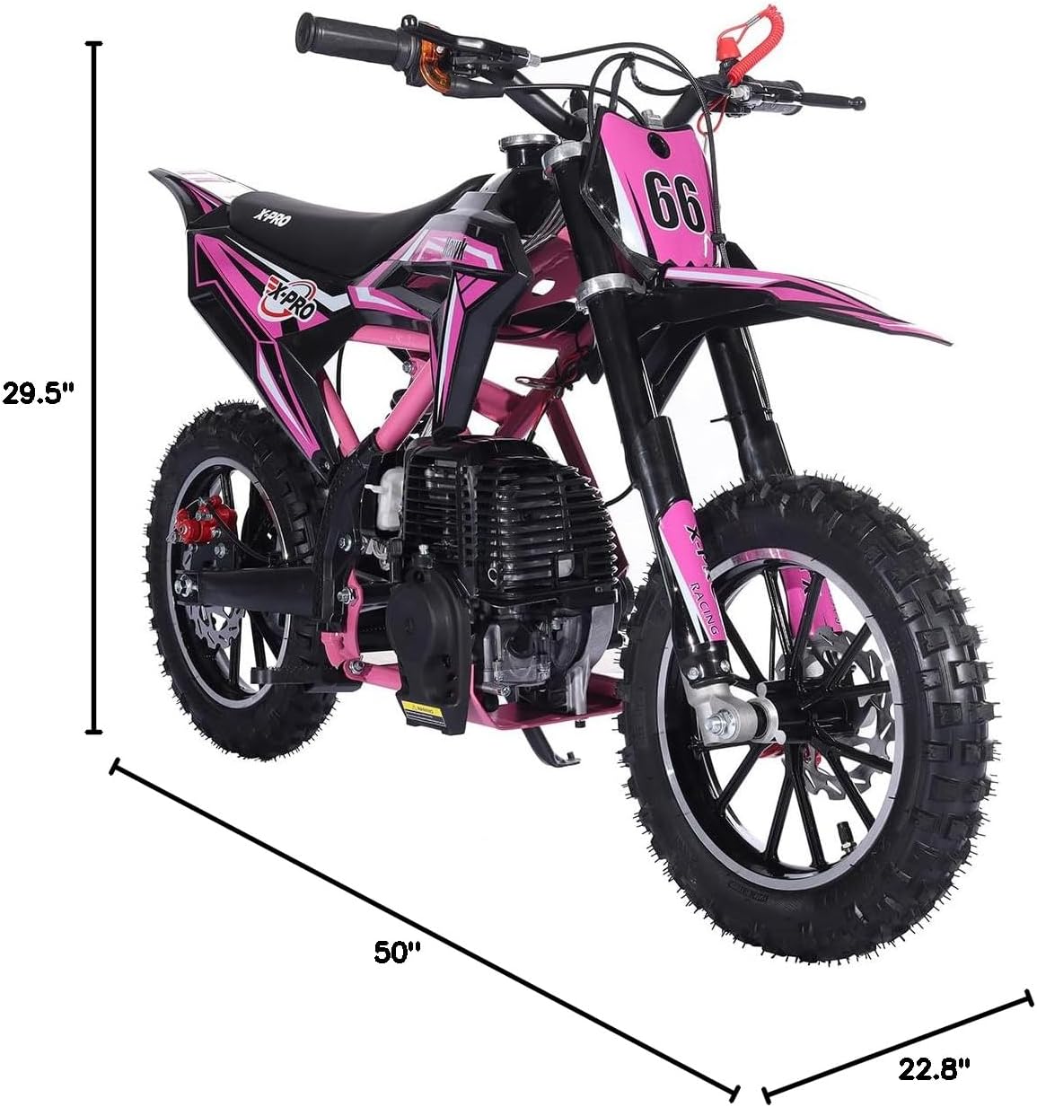 Dimensions of the X-PRO Hawk Mini Dirt Bike: 50 inches long, 22.8 inches wide, 29.5 inches high