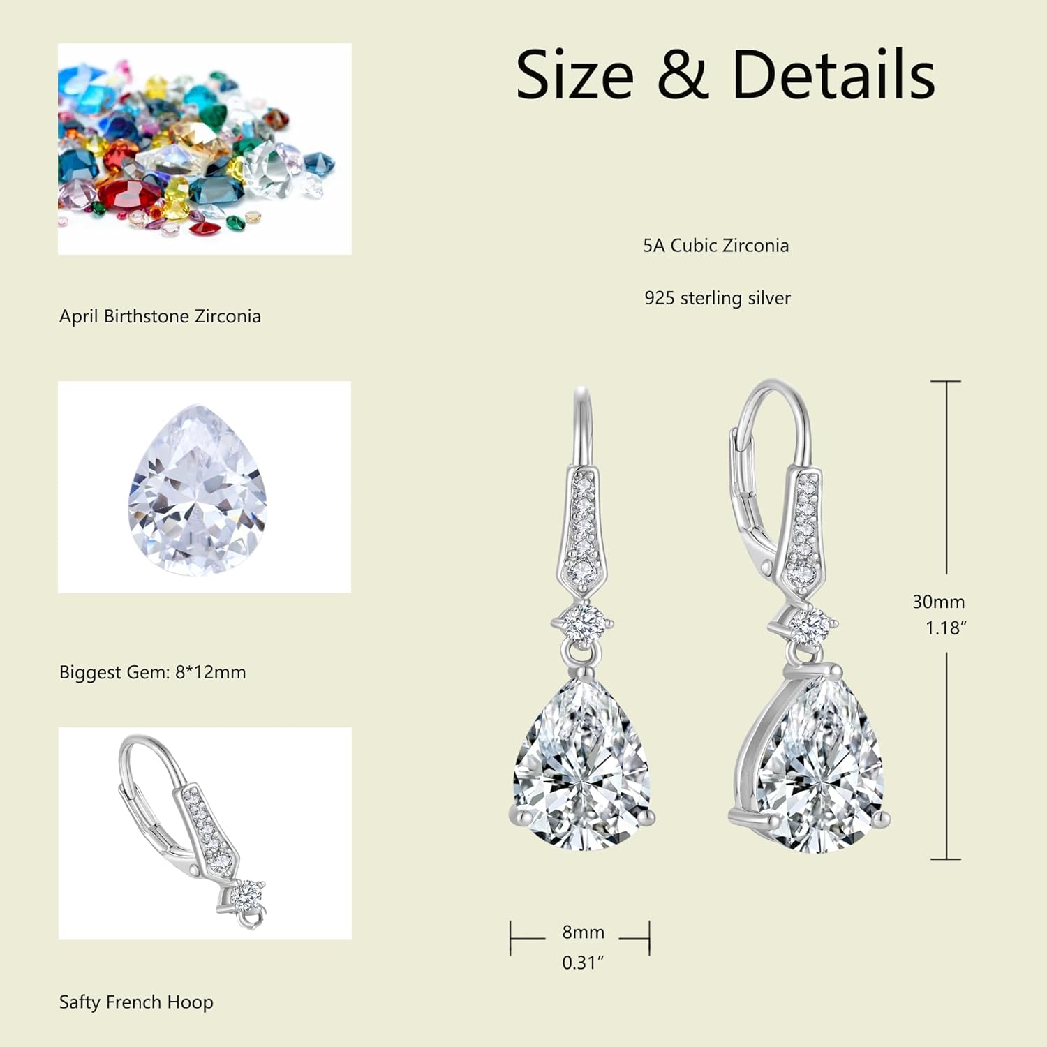 Women 925 Sterling Silver Birthstone Teardrop Leverback Drop Dangle Earrings 8 * 12mm 5A Cubic Zirconia Jewelry for Her - Image 3