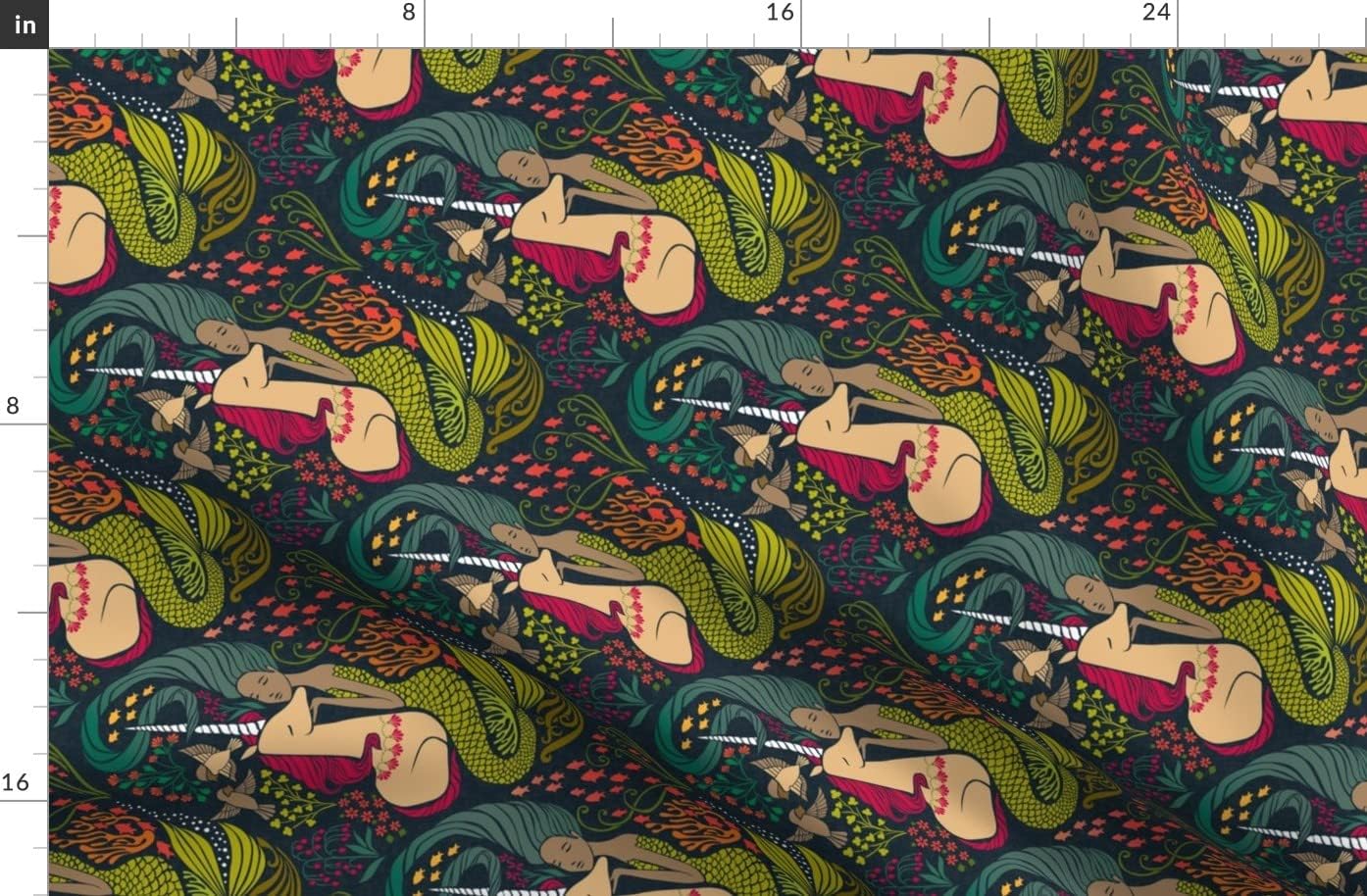 Spoonflower Fabric - Mermaid Unicorn Horizontal Underwater Magic Mythical Ocean Printed on Organic Cotton Sateen Fabric by The Yard - Sewing Quilting Apparel Home Decor