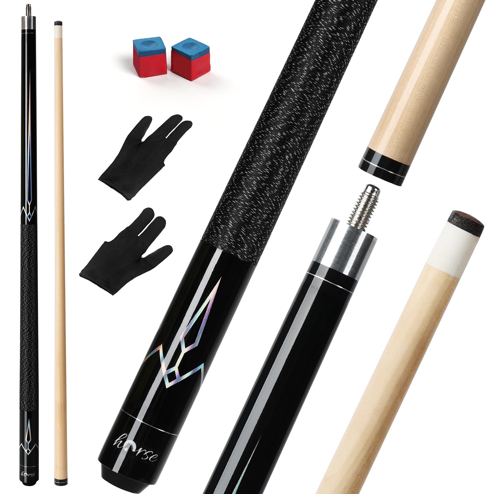 Horse Billardqueue 147cm – Pool Queue mit 13mm Lederpomeranze, Ahornholz-Schaft, Laser-Gravur Schwarz – Billard Stock für Erwachsene inkl. 2 Handschuhen & 2 Kreiden