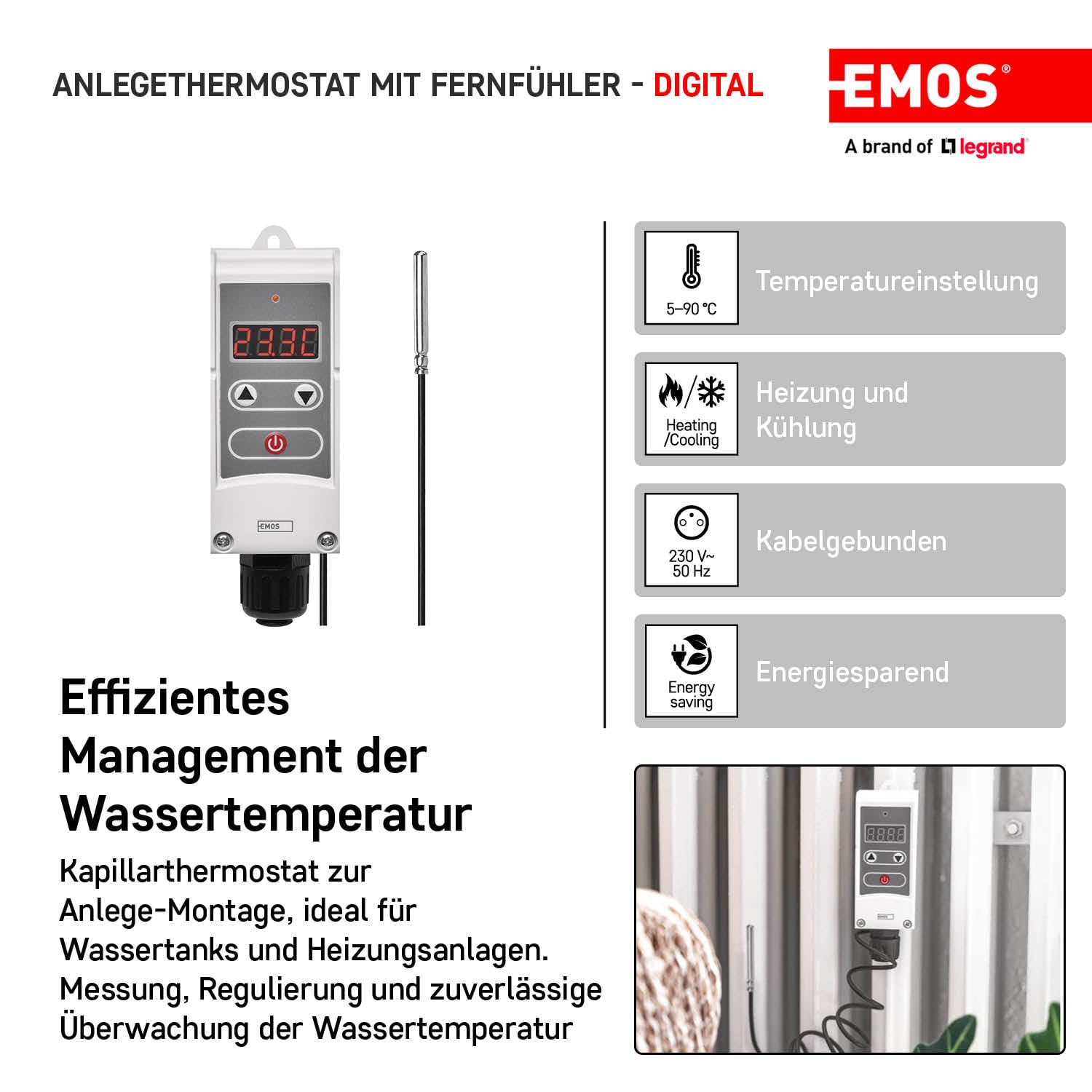 EMOS - termostato digitale con sensore remoto e sensibilità di commutazione regolabile - manuale - riscaldamento/raffreddamento - intervallo temperatura 5-90 °C - montaggio superficiale