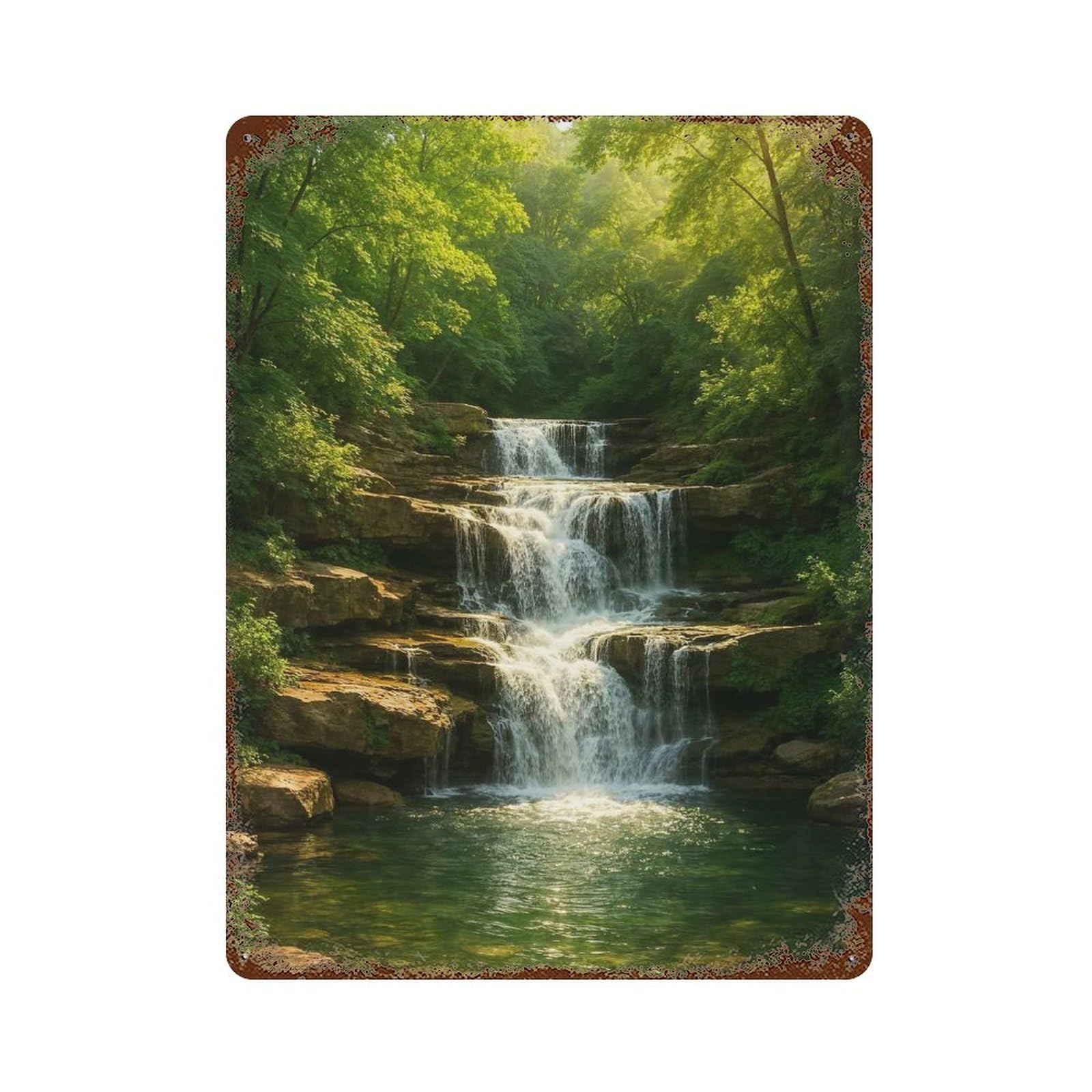 Cascading Waterfall in Lush Green Forest 15.7"x11.8" Decorative Tin Sign, Retro Wall Decor for Bistro, Counter And Cafe Decor