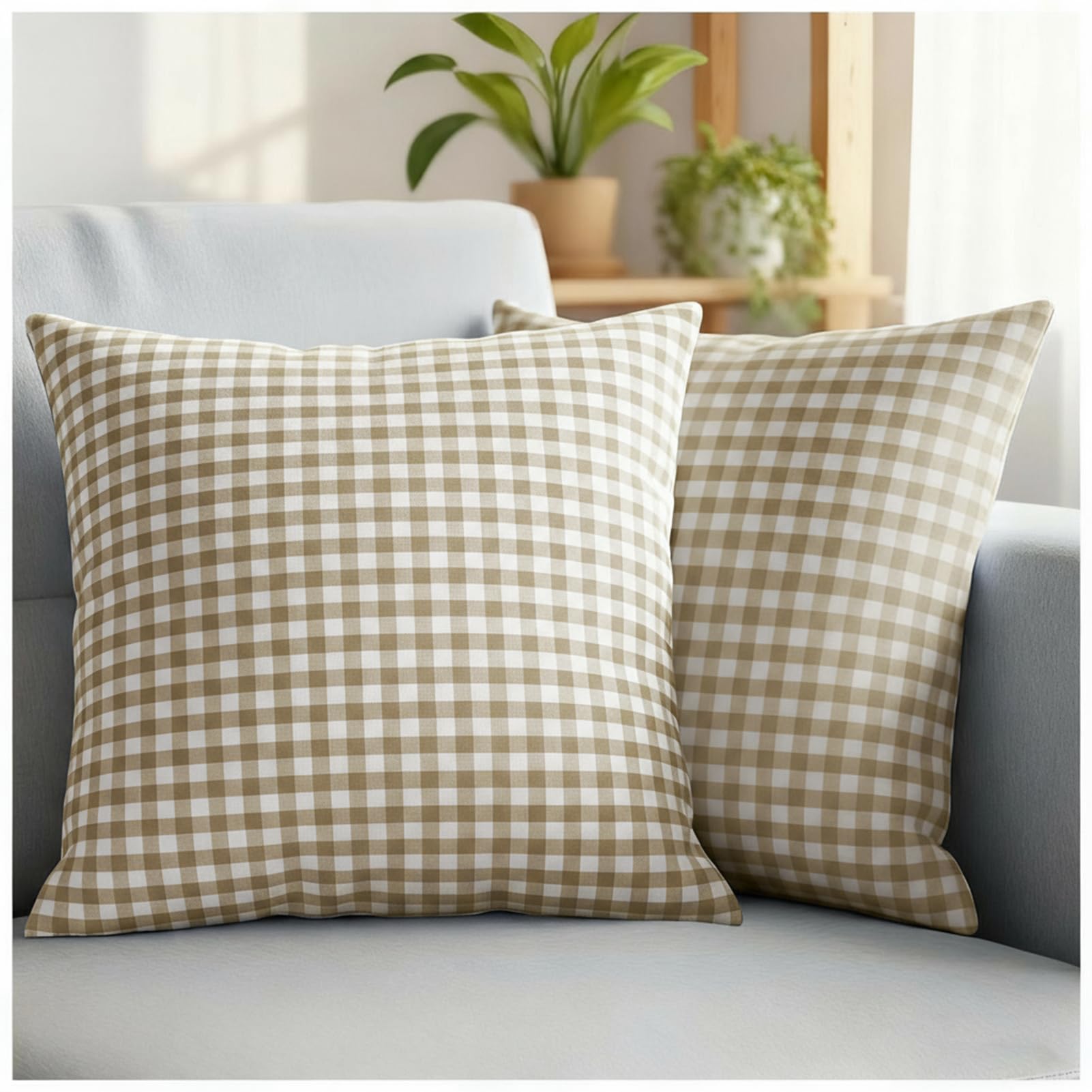 DANGANEN Brown Gingham Pillow Covers - 18x18 Fall Decor Outdoor Pillow Cover Soft Farmhouse White Brown Plaid Pillow Covers Set of 2 Gingham Pillow