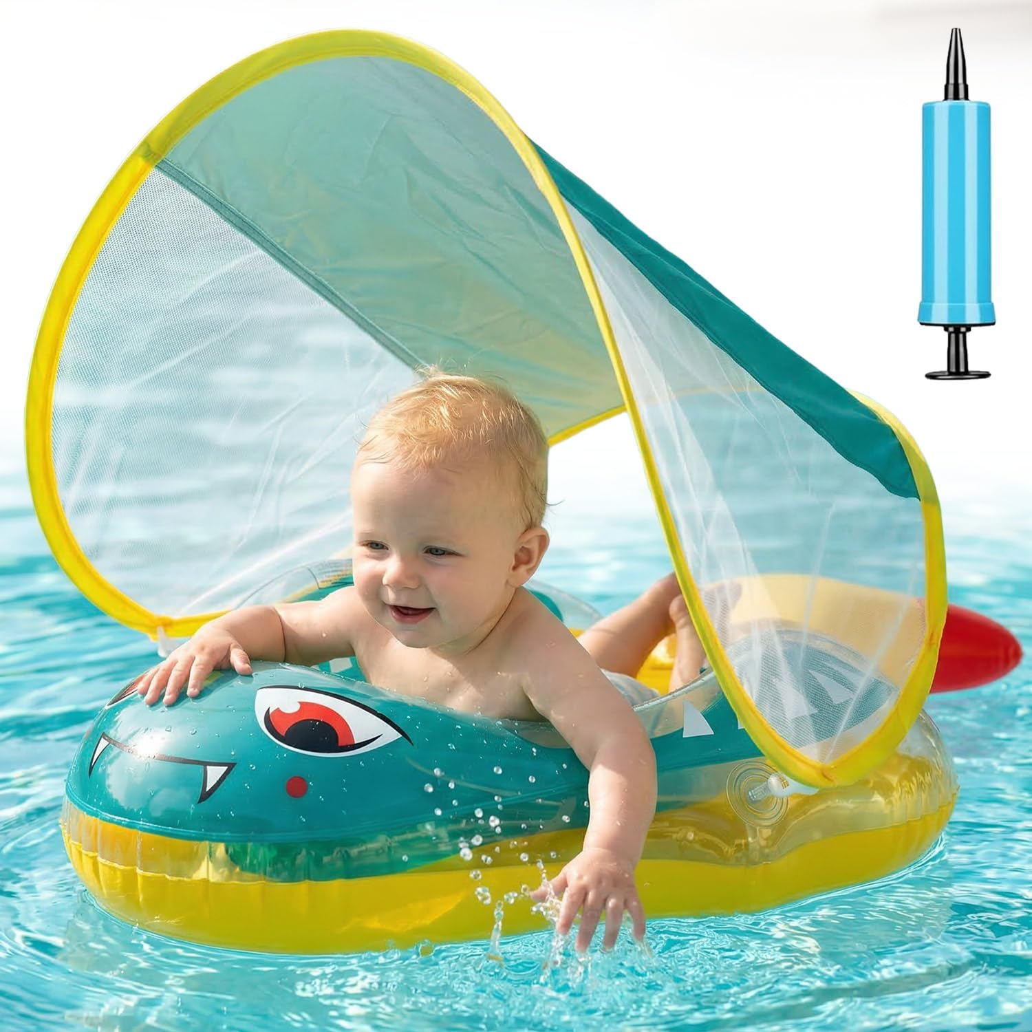 Swim Ring for Newborn 6-36 Months with Sun Shade UPF 50+ | Float Anti-tip with Adjustable Seat