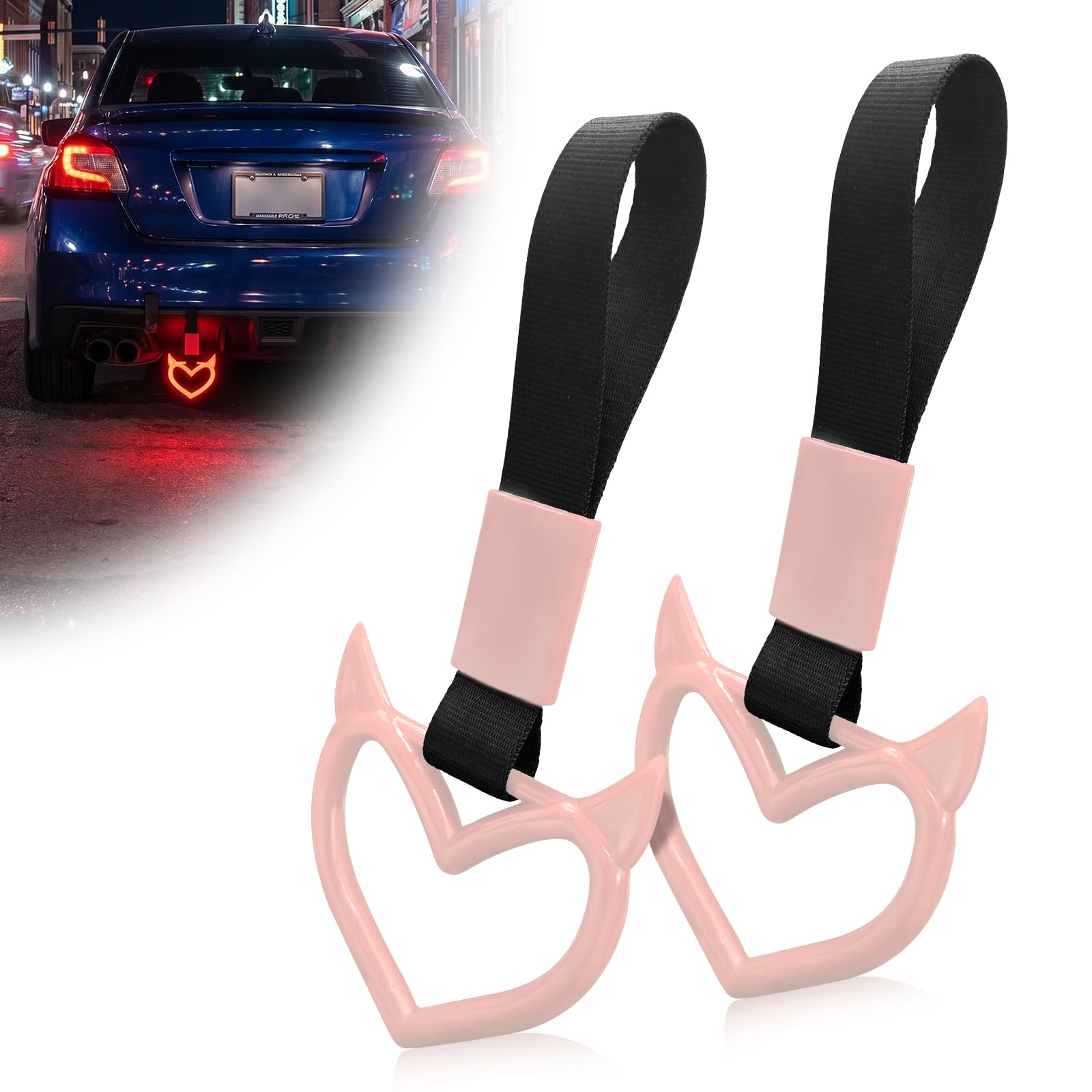 2 Pcs Devil Heart Shaped Car Handle Strap – JD M Drift Charm Rear Bumper Warning Ring Decor for Car Interior Exterior, Subway Bus Handle Accessory, Cute Heart Car Decor Gift (Luminous Red)