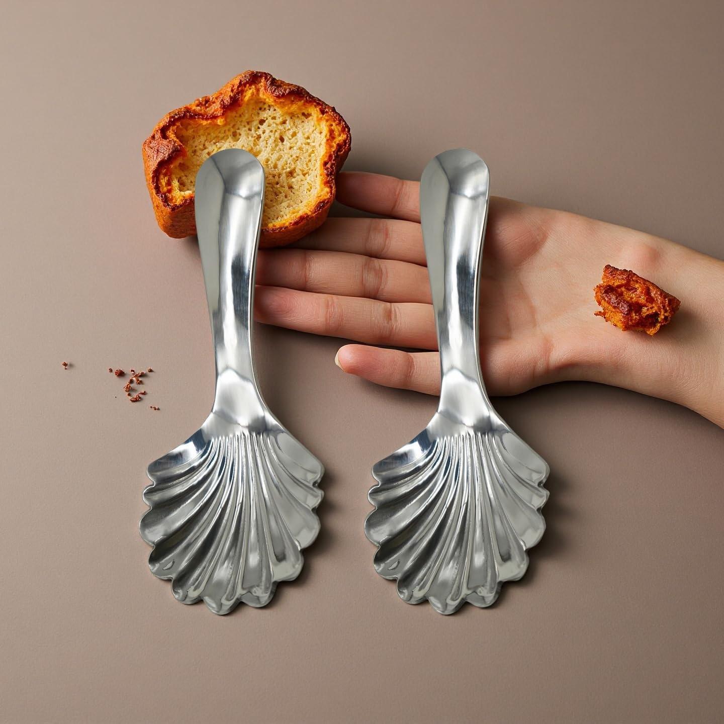 2 x kurzer Griff Muschellöffel 18/10 (304) Edelstahl, gewellt, Suppenlöffel, 9,7 cm, tragbarer Löffel für Zucker, Gewürze, Dessert, Tee, Kaffee, Pulver, Kanister