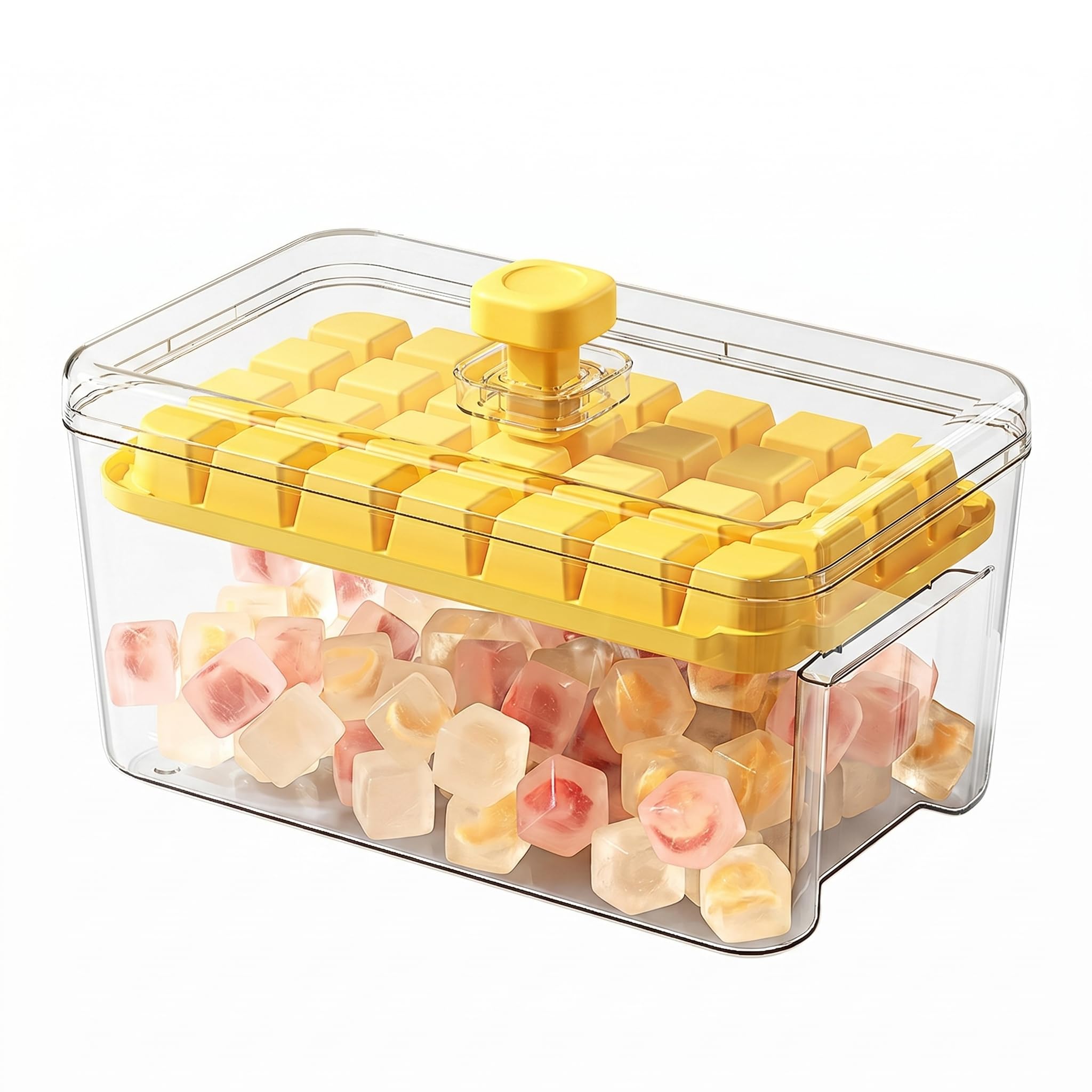 Bonalake Ice Trays for Freezer with Lid and Bin, Ice Cube Tray, Press-to-Release Tray for Freezer, Stackable Food-Grade Pp Cube Maker, Cream Yellow Super Cubes Silicone