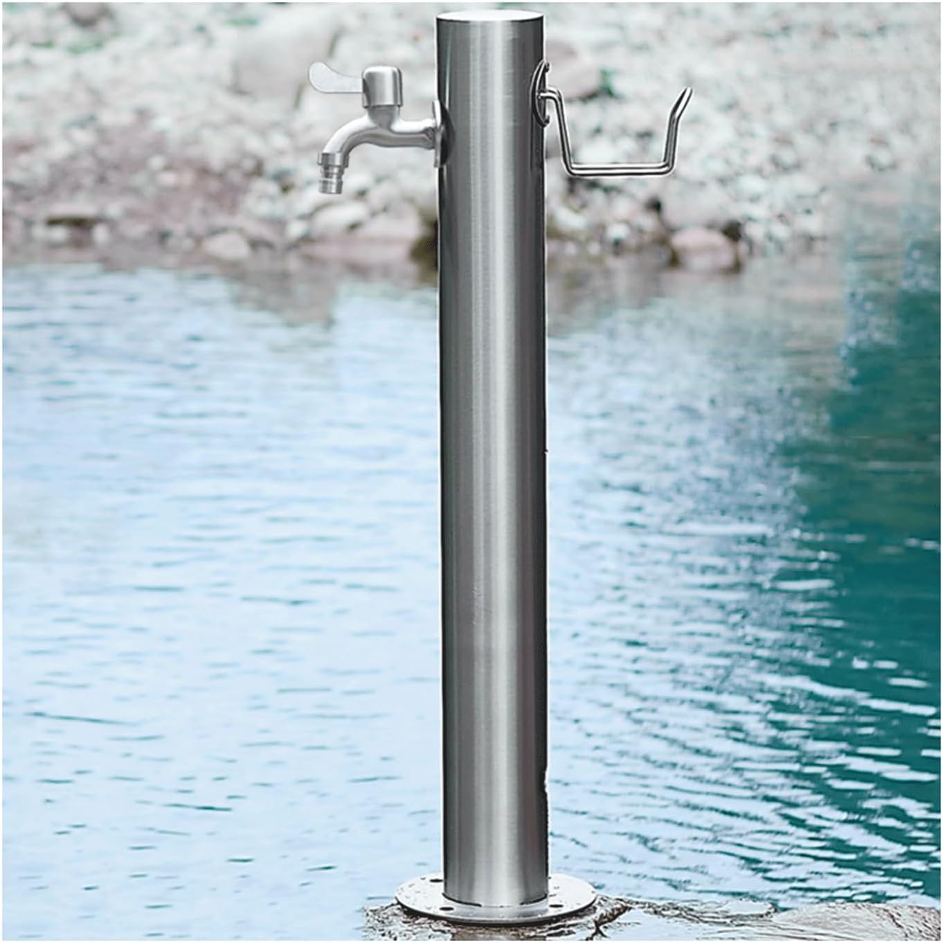 Stainless Steel Outdoor Water Column with Faucet - Anti-Freeze Hose Stand for Irrigation & Washing - Durable Silver Cylindrical Garden Water Tap (50x20.5cm)