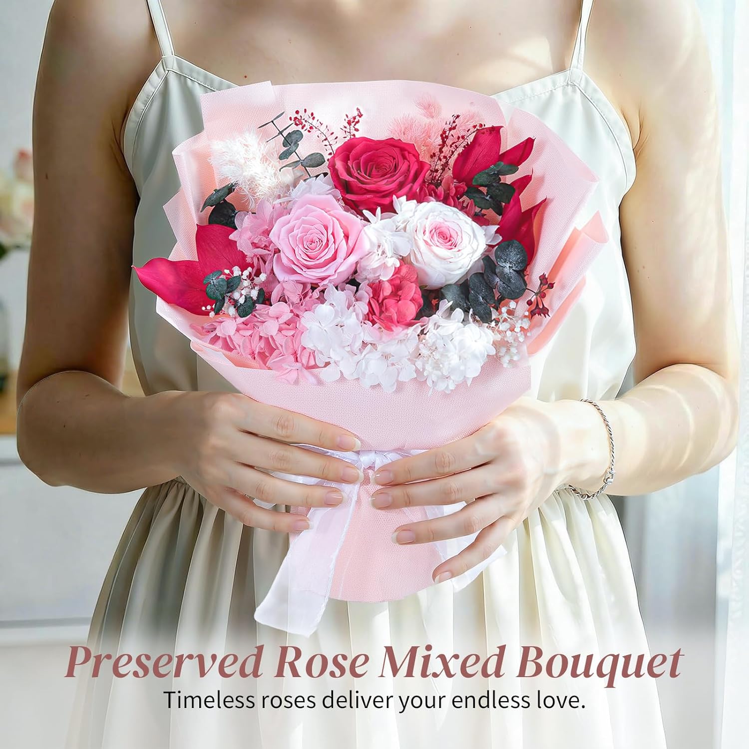 Lewondr Flower for Delivery, Preserved Flowers Bouquet, Pink Roses Bouquet, Real Long-Lasting Forever Birthday Flowers Gifts for Mom Women Wife Grandma Her Mothers Day Anniversary, Light Rose - Image 6