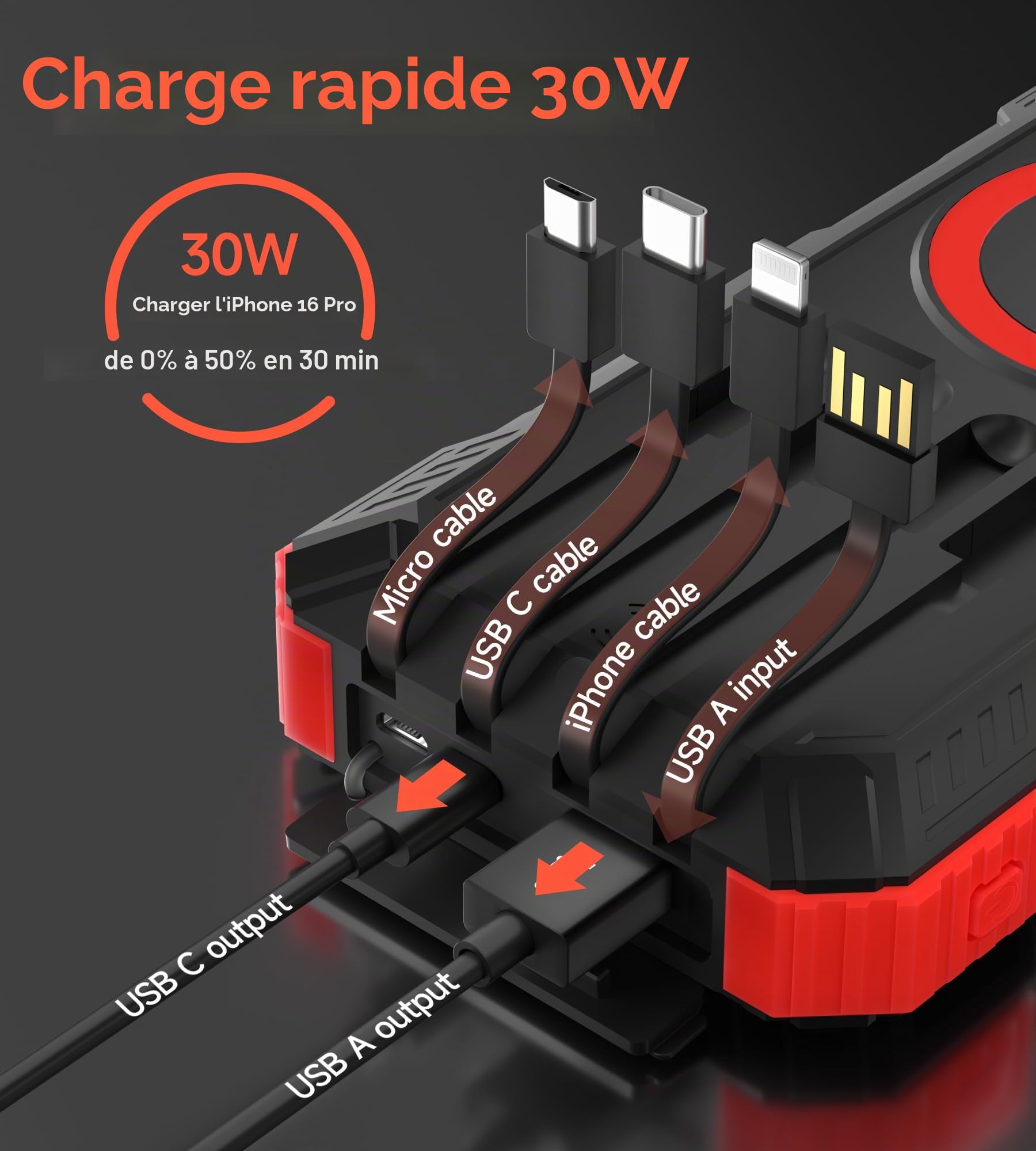 Batterie Externe Solaire 56800 mAh, Banque d'alimentation Solaire ExtéRieure éTanche LivréE avec 5 Sorties, 3 EntréEs, Lampe De Poche, Mousqueton, Boussole Qc 30 Et USB C Pd 20w pour TéLéPhones