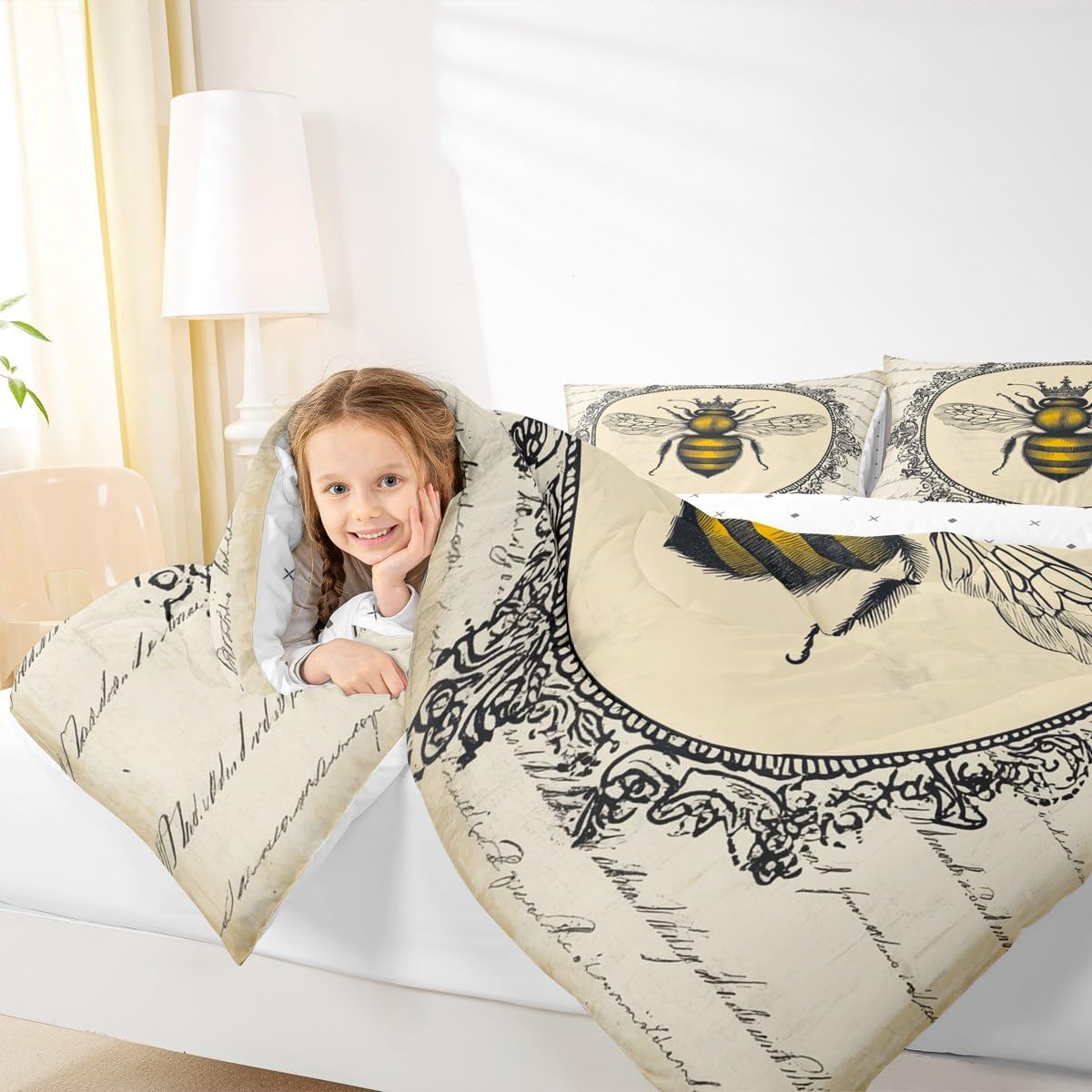 Erosebridal Sweet Honey Bee Bedding Set Queen Cute Kawaii Animal Comforter Set Retro Vintage Style Quilt Set 70S 80S Grunge Bedding Comforters & Sets Old Newspaper Print Duvet Set Breathable 3pcs