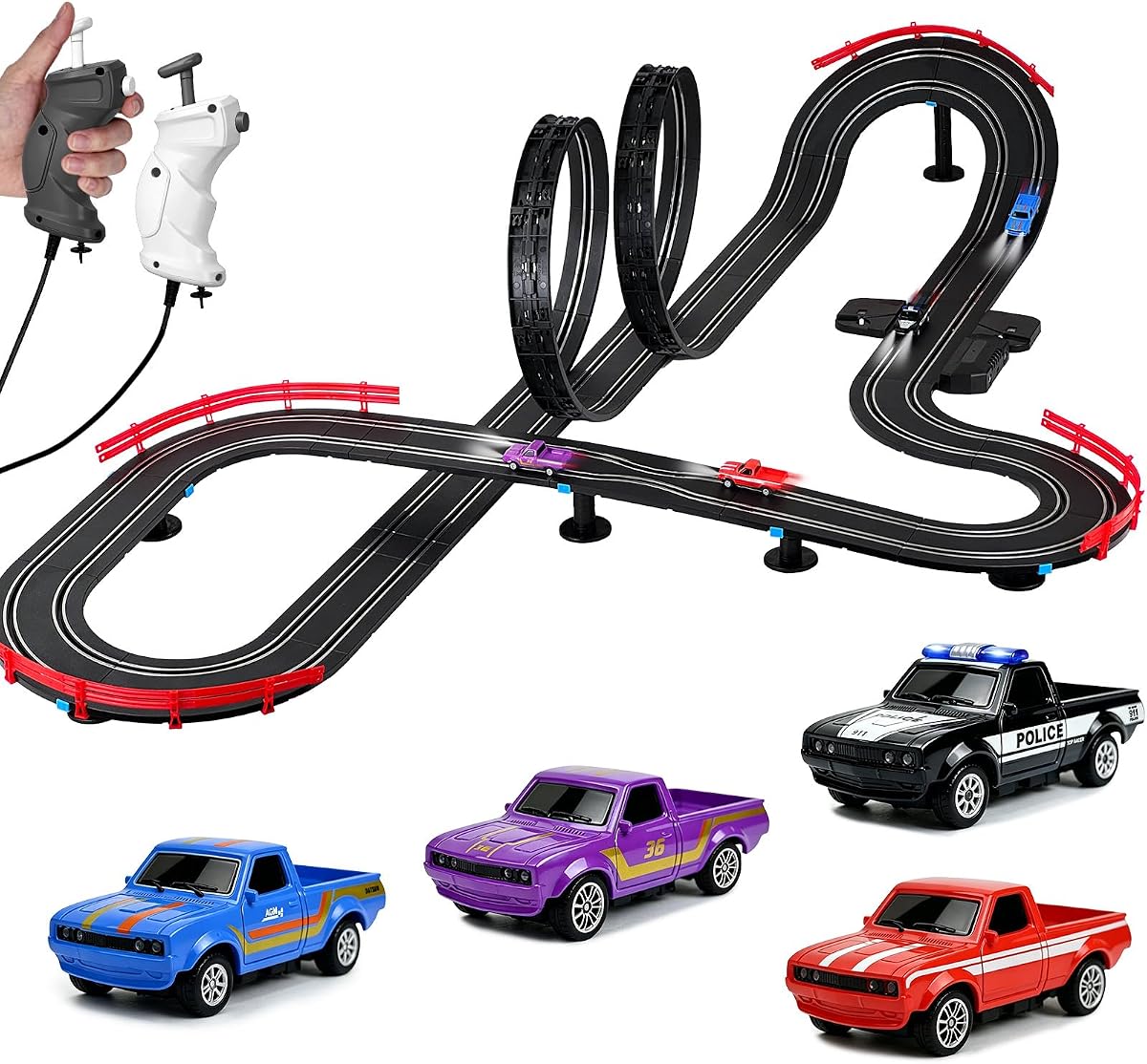 3 IN 1 Slot Car Race Track Set 1:87 with 4 High Speed Vintage Pickup Trucks, Electric Battery Dual Race, 2 Controllers, Lap Counter, Overpass, Loop Crossover, Toys Gifts for Kids Teens Adults All Ages
