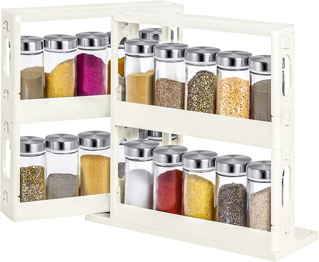 Clastyle 2 Tier Rotating Spice Rack Organiser Countertop Free Standing Folding Kitchen Condiment Holder Sliding Seasoning Rack for Cupboard, White