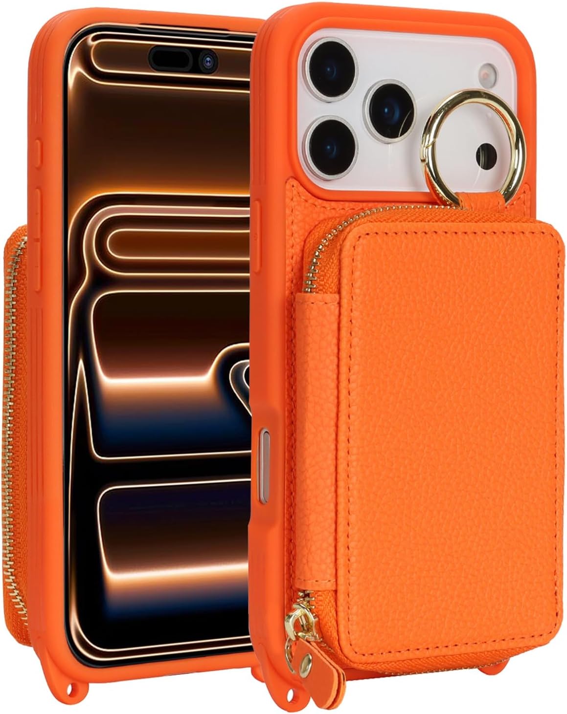 Jaorty Crossbody Wallet Case for iPhone 17 Pro Max with Shoulder Stap,Finger Ring, PU Leather Zipper Handbag Purse Flip Cover, Kickstand Folio Case with Card Slots Holder 5G 6.9 Inch, Orange