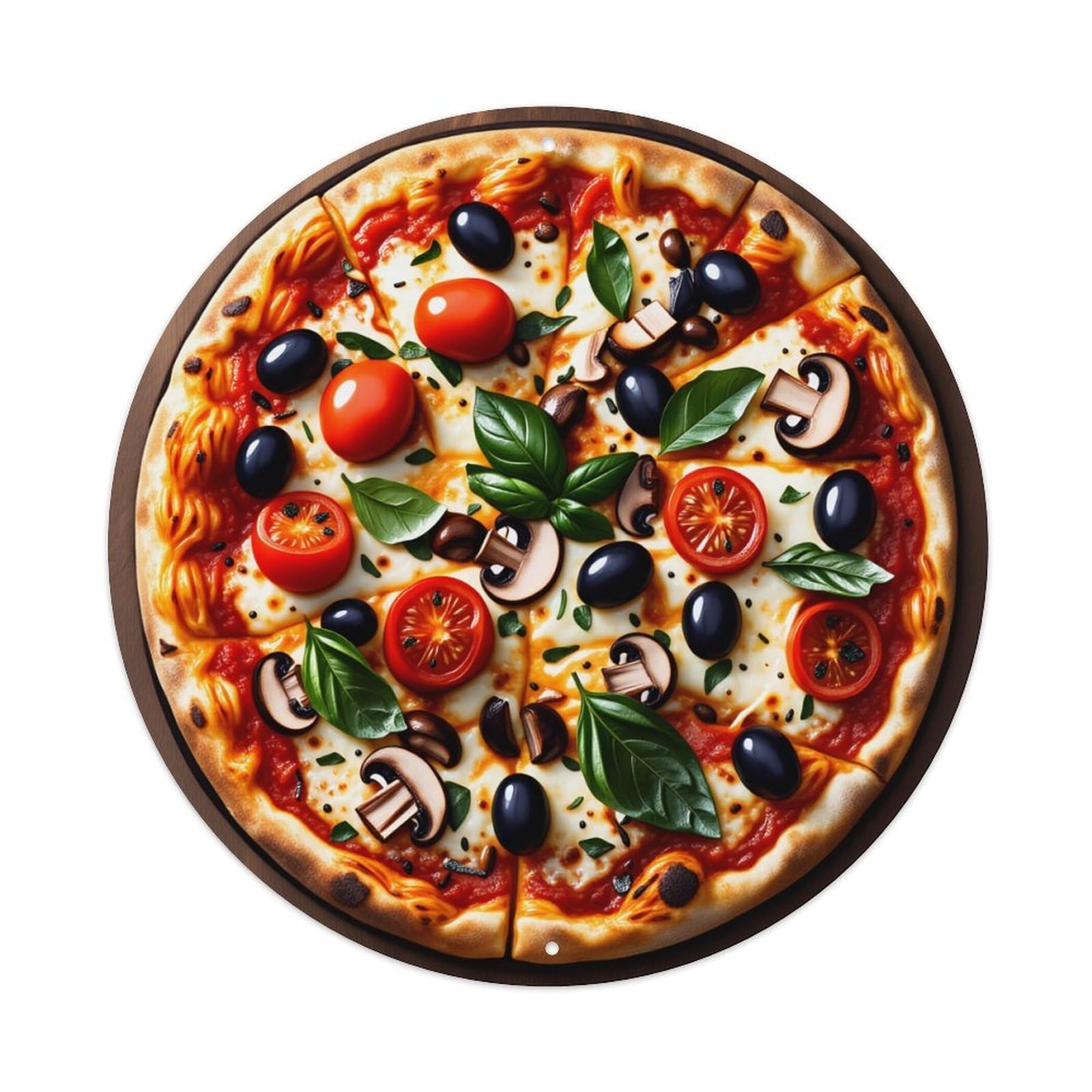 Wmlzdnwr Vintage Pizza With Tomatoes Olives Mushrooms Basil And Cheese Round Tin Sign,Retro Wall Art,Metal Poster For Home, Bar, Garage, Cafe, Rustic Indoor & Outdoor Decor, 8X8 Inches