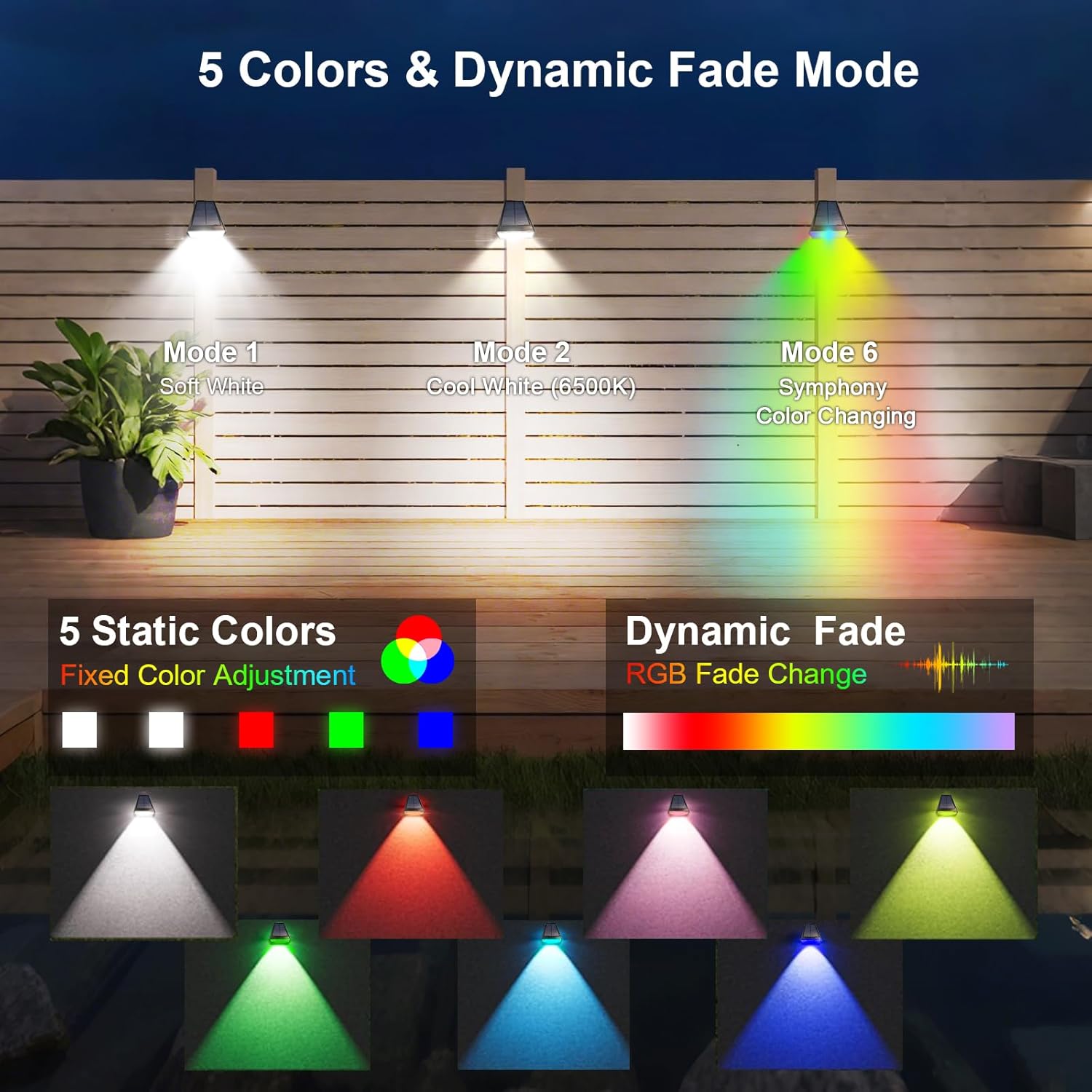 Solar Lights Outdoor Waterproof, 6-Mode RGBW Color Changing, 90° Adjustable, Auto On/Off, Father's Day Mother's Day 4th of July Decor for Fence, Patio, Garden, Yard, Pathway, Porch (4-Pack)