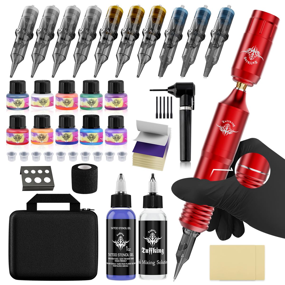 Kit penna rotativa per tatuaggi wireless - Set macchinetta per tatuaggi con alimentatore RCA, tensione regolabile 6-11 V, ricarica di tipo C,Rosso,A
