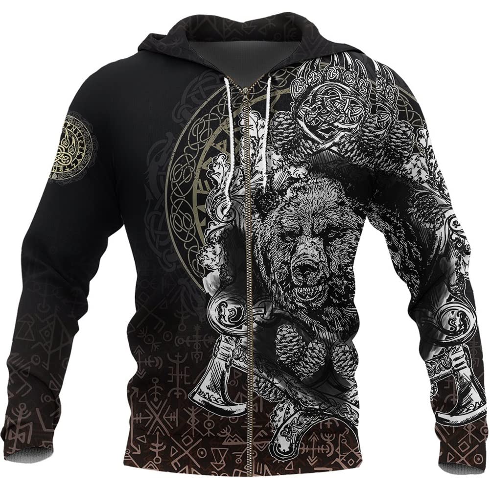 DFWY Men Viking Rune Bear Claw Tattoos Full Zip Hoodie,Norse Myth Odin Bear Head Printed Pullover Sweatshirt Jacket