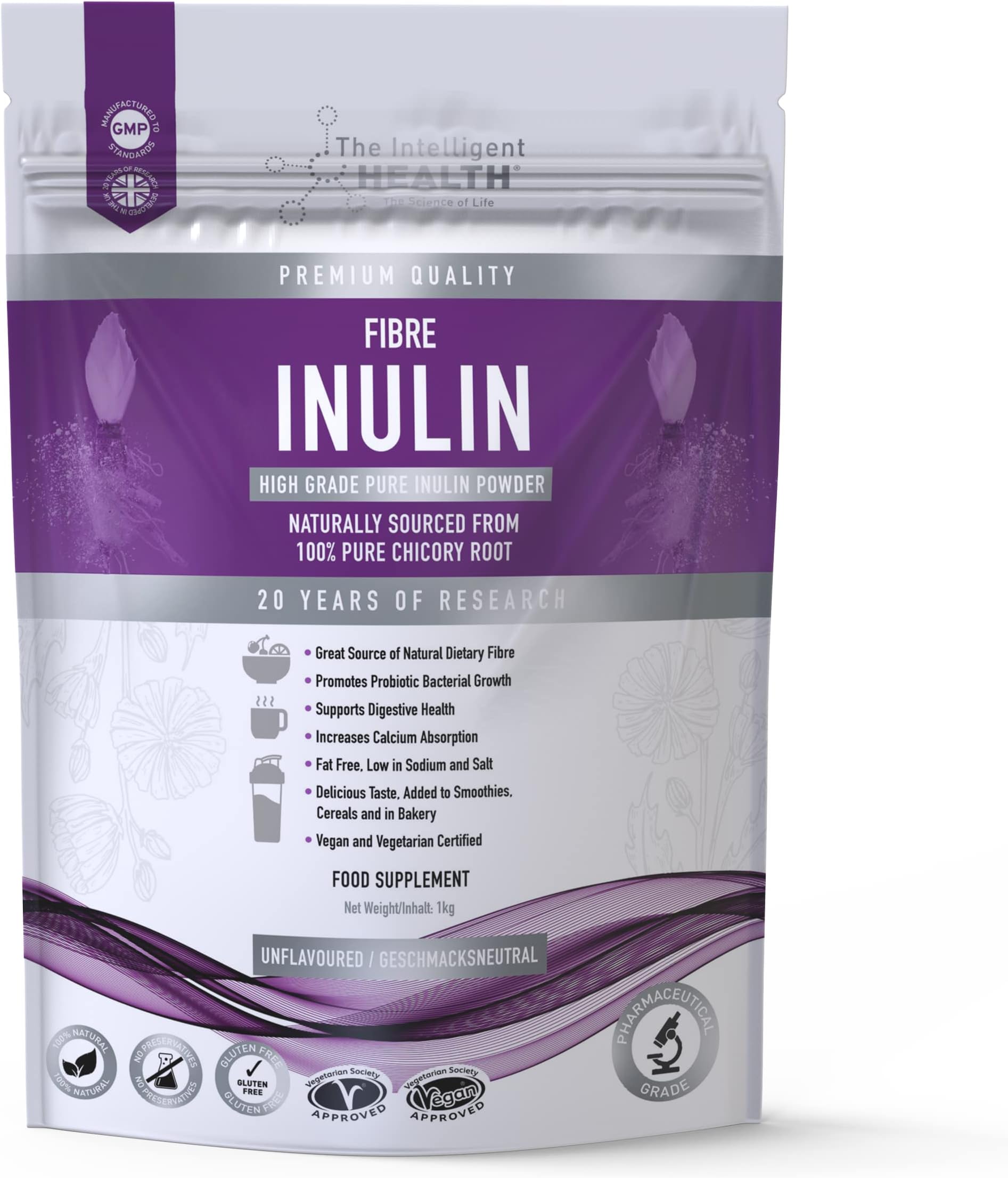 The Intelligent Health Inulin Powder 1kg | Prebiotic Fibre Supplement with Chicory Root | Gluten Free High Grade Digestive Aid & Gut Health Supplement | Soluble Fibre Smoothie Powder