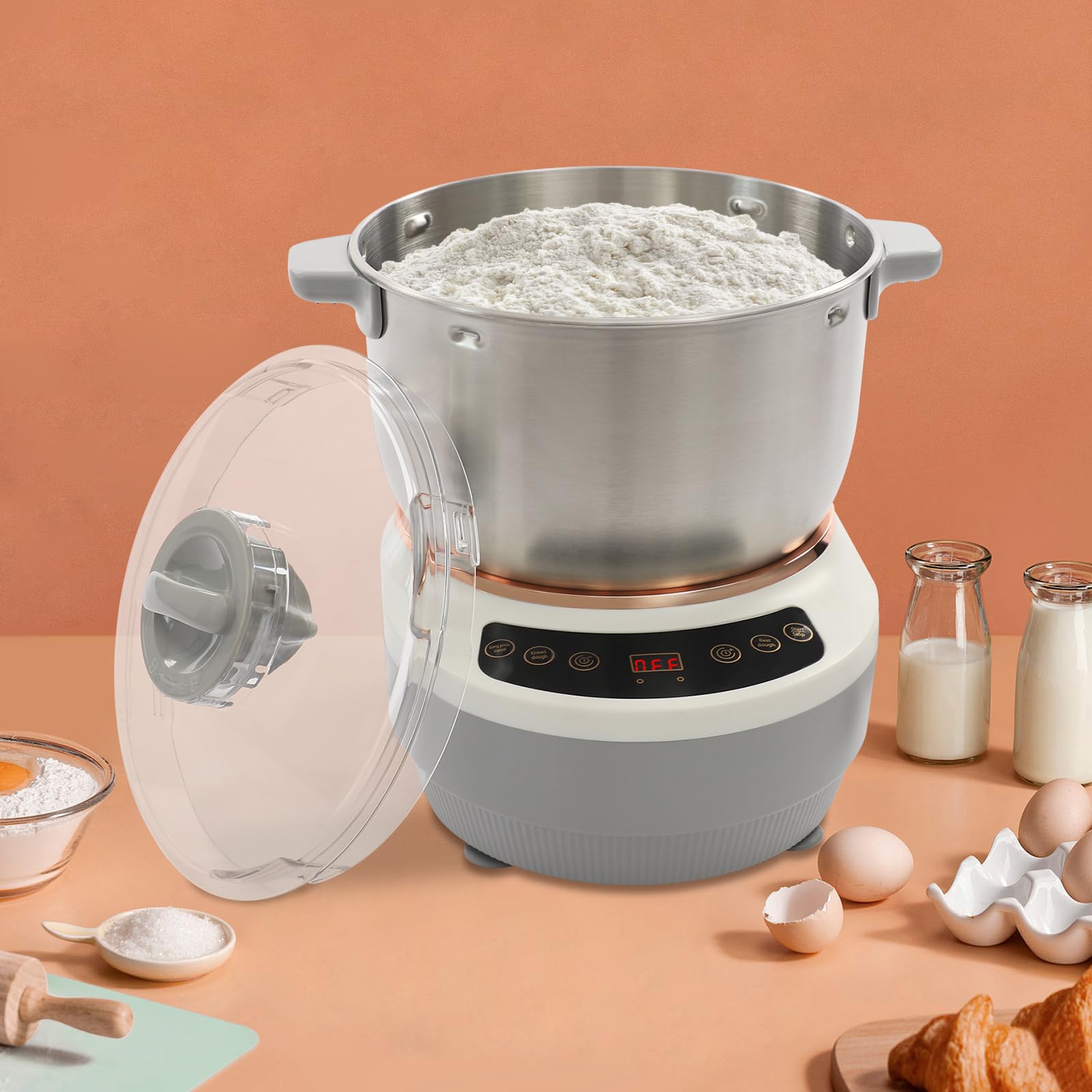 Edelstahl Teigmaschine, 7L Vollautomatische Teigmaschine, 250W Teigknetmaschine mit Gärfunktion, Automatische Knetmaschine für Herstellung von Brot, Kuchen, Kekse, Nudeln