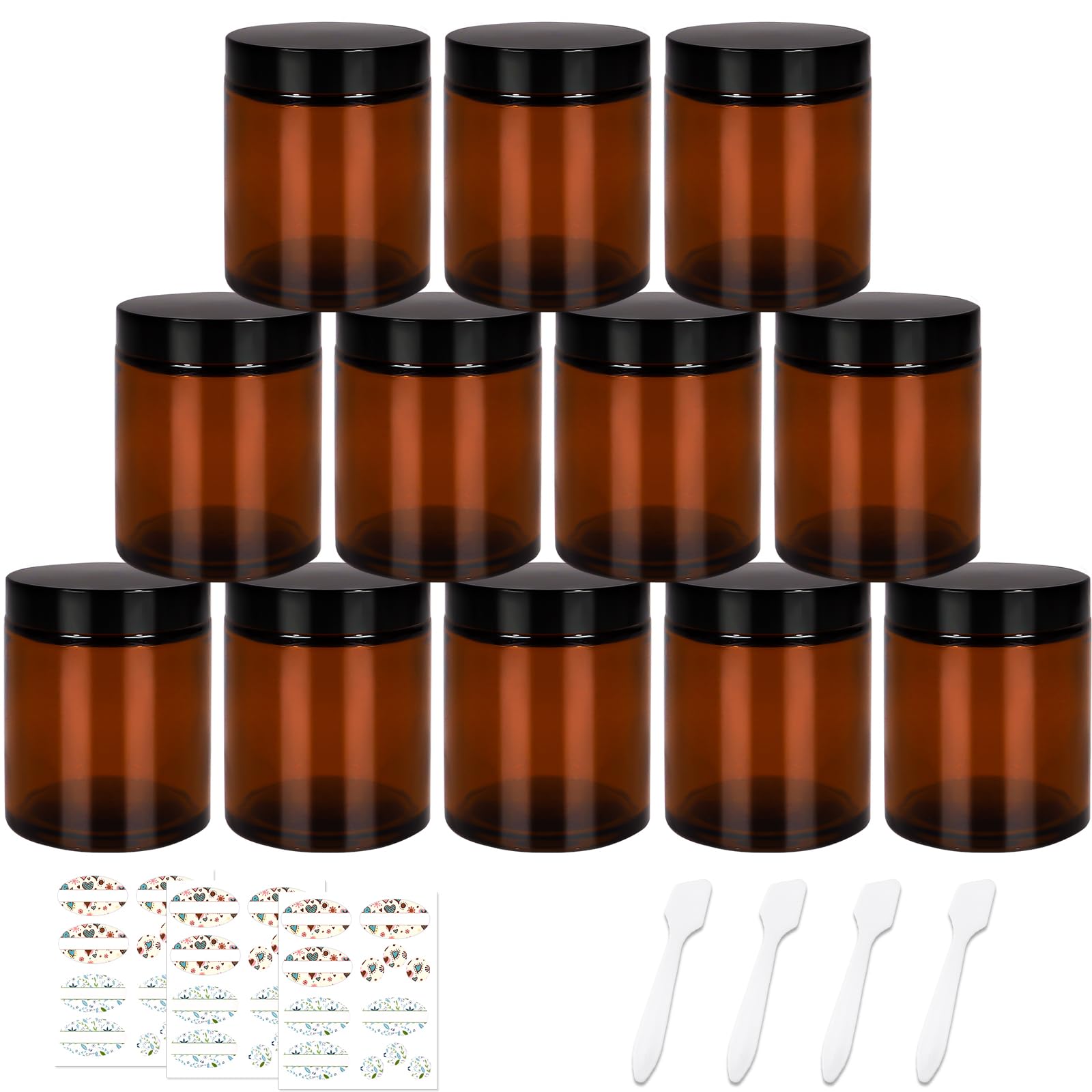 CulnCraz 12 Pack 240 ml Amber Round Glass Jars, 8 oz Empty Cosmetic Containers with Inner Liners