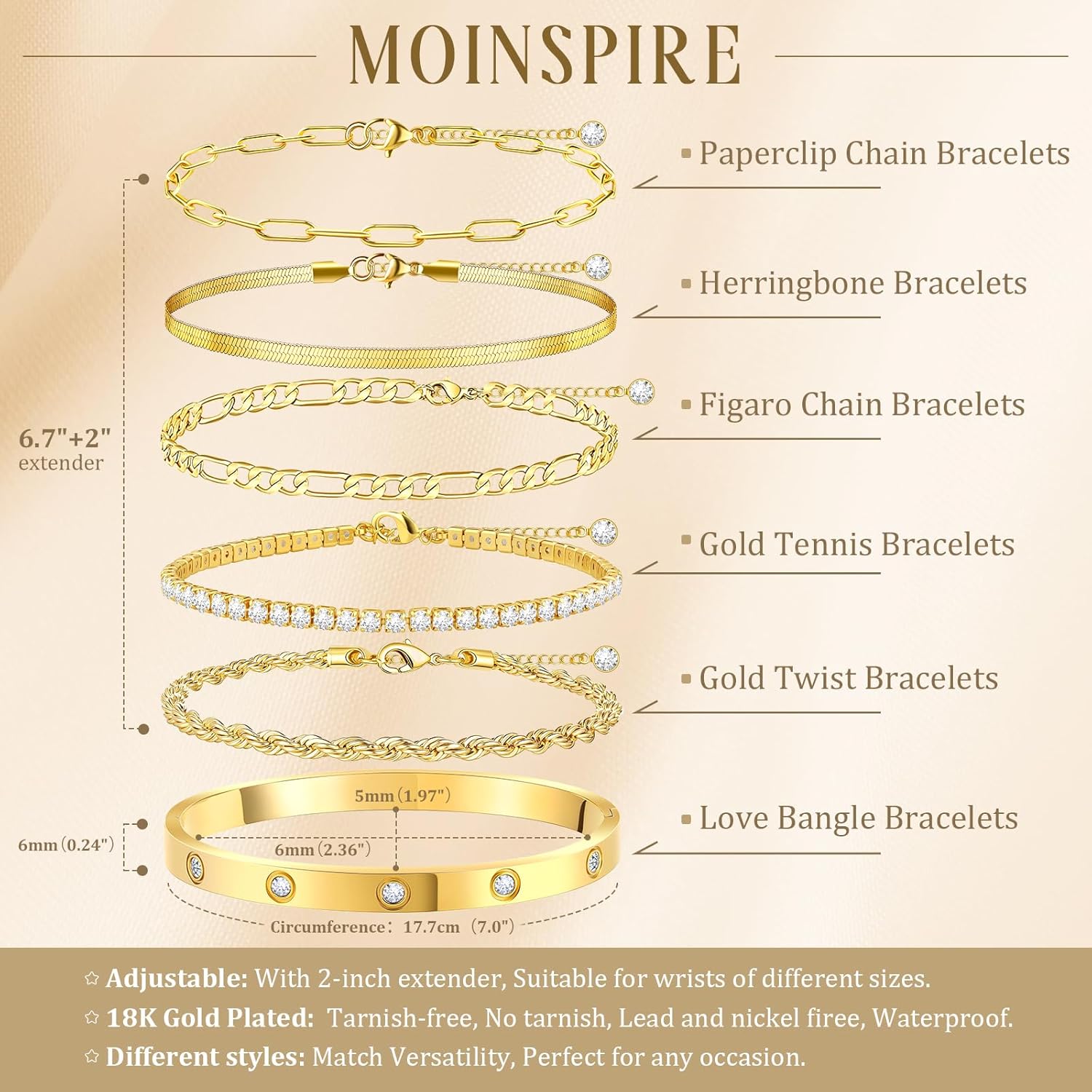 MOINSPIRE Gold Bracelets for Women Non Tarnish, Dainty 18K Gold Plated Bracelets Stack Trendy Waterproof Stackable Bangles, Cuban Link Paperclip Chain Jewelry Set Fashion Accessories Gifts for Women