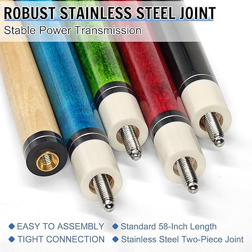 Miniatura 6 de Paquete de 4 palos de billar de 58 pulgadas para el hogar y el bar, palos de piscina de madera de arce maciza con punta de cuero multicapa de 0.492