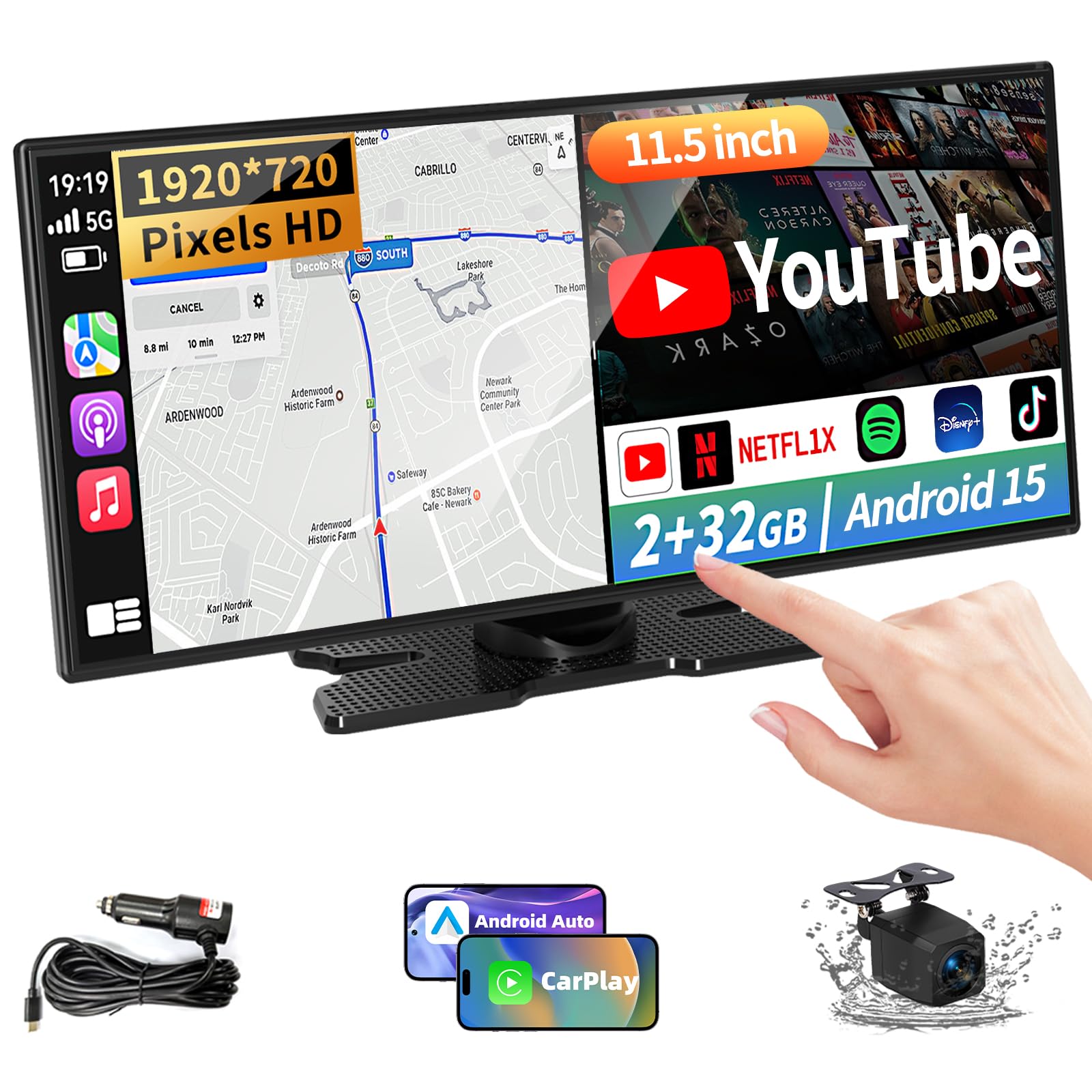 Largest 11.5 inch Wireless CarPlay Screen for Car,Built-in N-etflix/YouTube/TikTok and other apps,A-pple CarPlay & Android Auto screen with1080P Backup Camera/Navigation/Voice Control,for All Vehicles