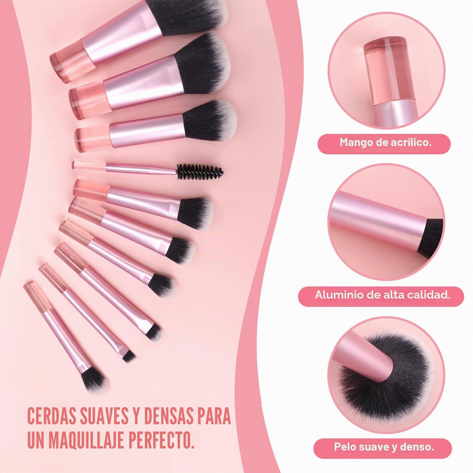 Mini Set de Pinceles de Maquillaje, 10 Piezas Portátil de Viaje Con Bolsa de PU, Conjunto Cosmético Brochas (Rosa)