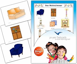 Living Room Flashcards in German Language - Flash Cards with Matching Bingo Game for Toddlers, Kids, Children and Adults - Size 4.13 Ã— 5.83 in - DIN A6