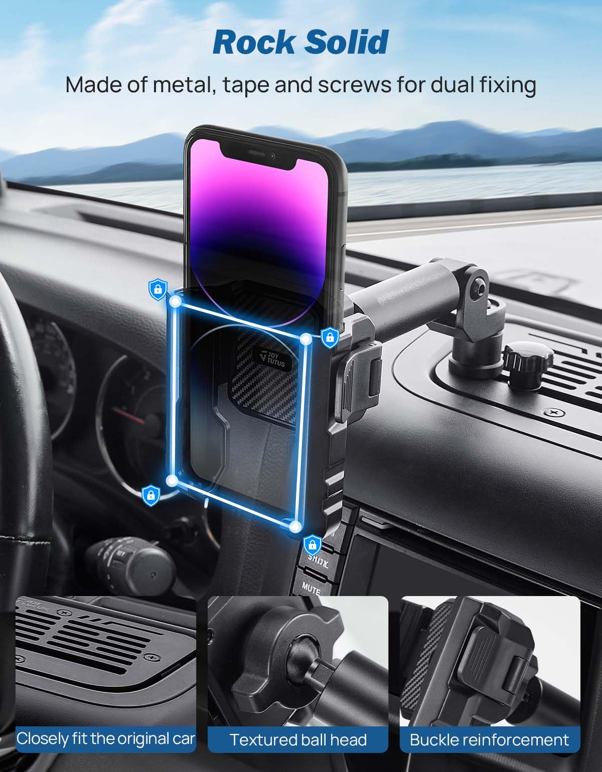 JOYTUTUS Supporto per telefono in metallo compatibile con Wrangler JK 2007-2018 (non compatibile con Wrangler JL 2018) | Piattaforma di espansione per supporto telefono su misura | Clip regolabile con